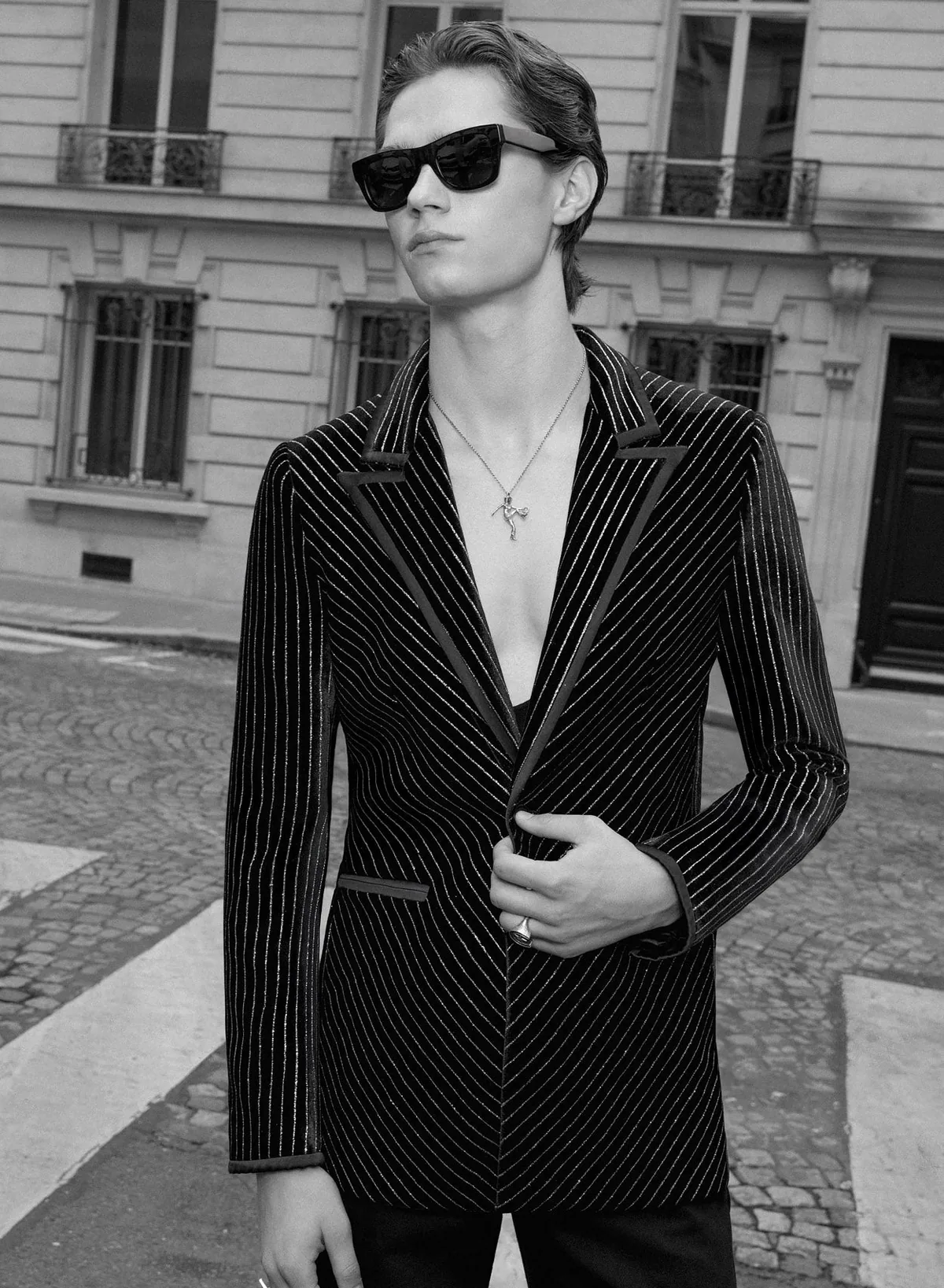 PHIX - Black Velvet Silver Line Satin Lapel Trim Blazer image 1