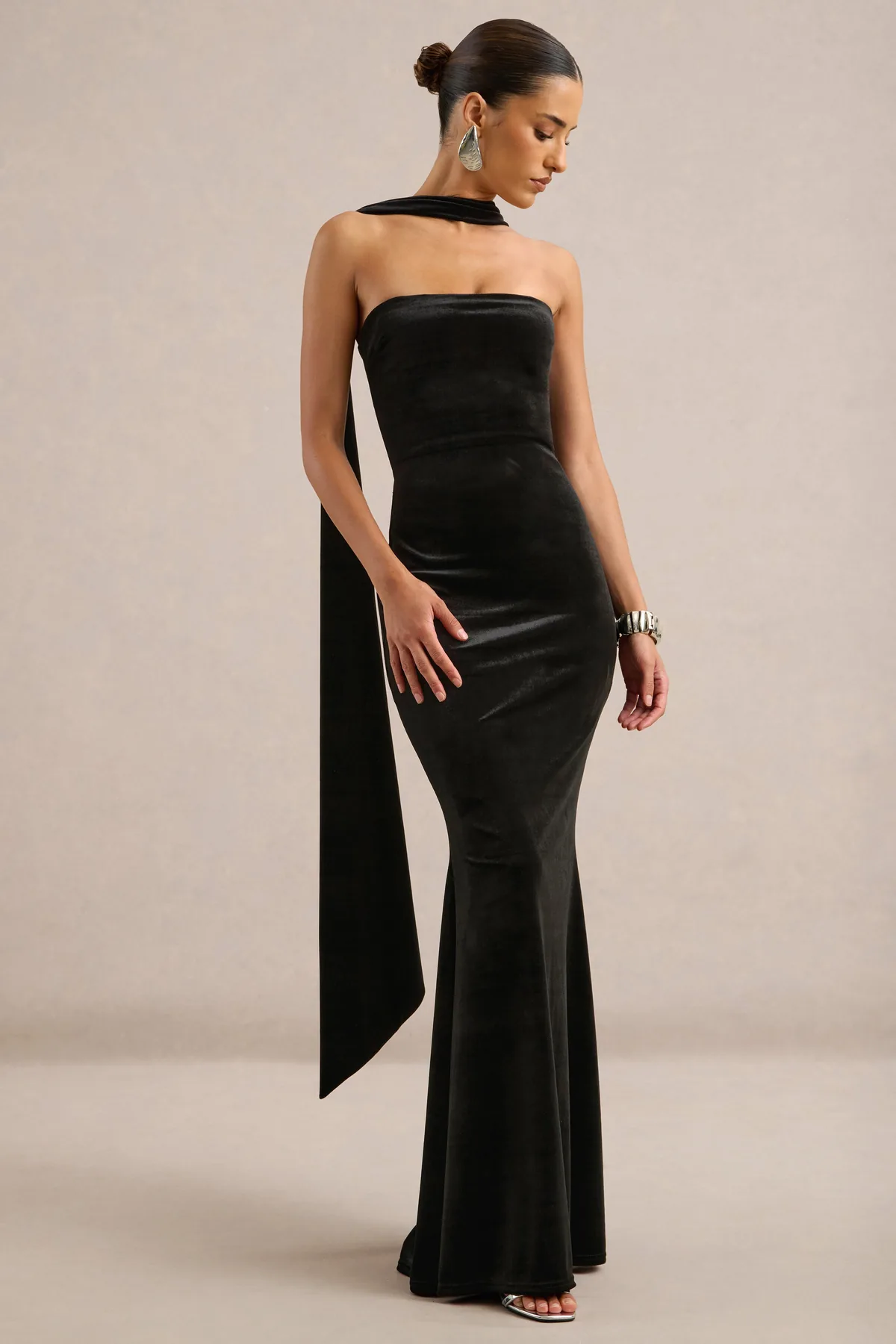 Club L London - Vesperine Velvet Bandeau-Neck Maxi Dress With Scarf Detail image 1