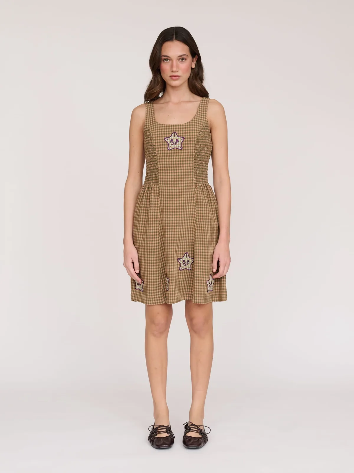 Lazy Oaf - Check & Stars Mini Dress - Brown check with purple star embroidery image 1