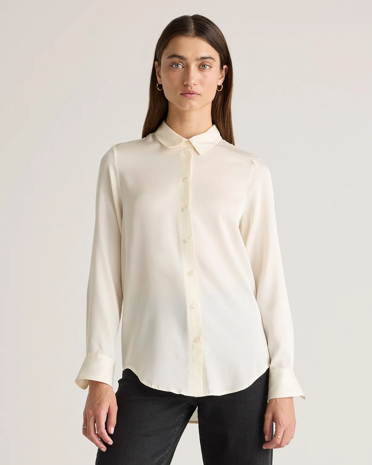 Quince - Washable Stretch Silk Blouse in Ivory, Size S image 1