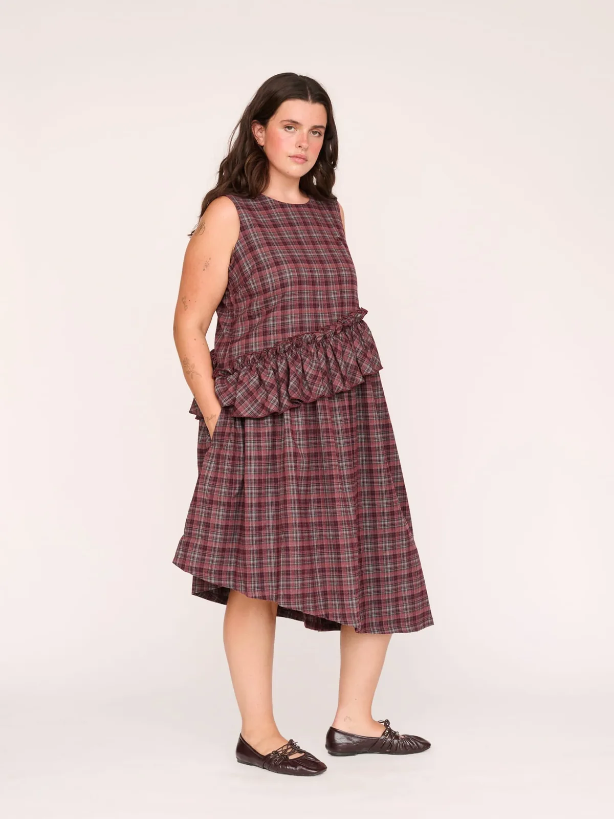 Lazy Oaf - Checked Out Asymmetric Midi Dress - Red / charcoal check image 1