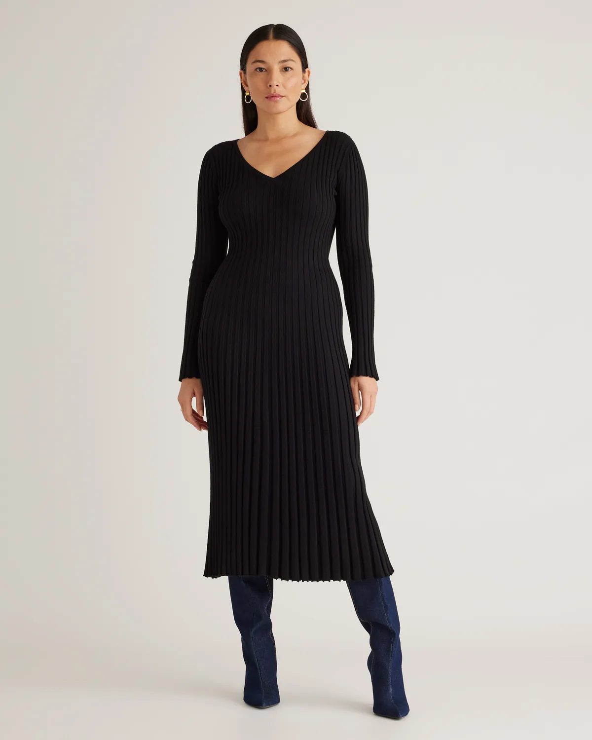 Quince - Cotton Cashmere Ribbed Long Sleeve V-Neck Midi Dress - Black image 1