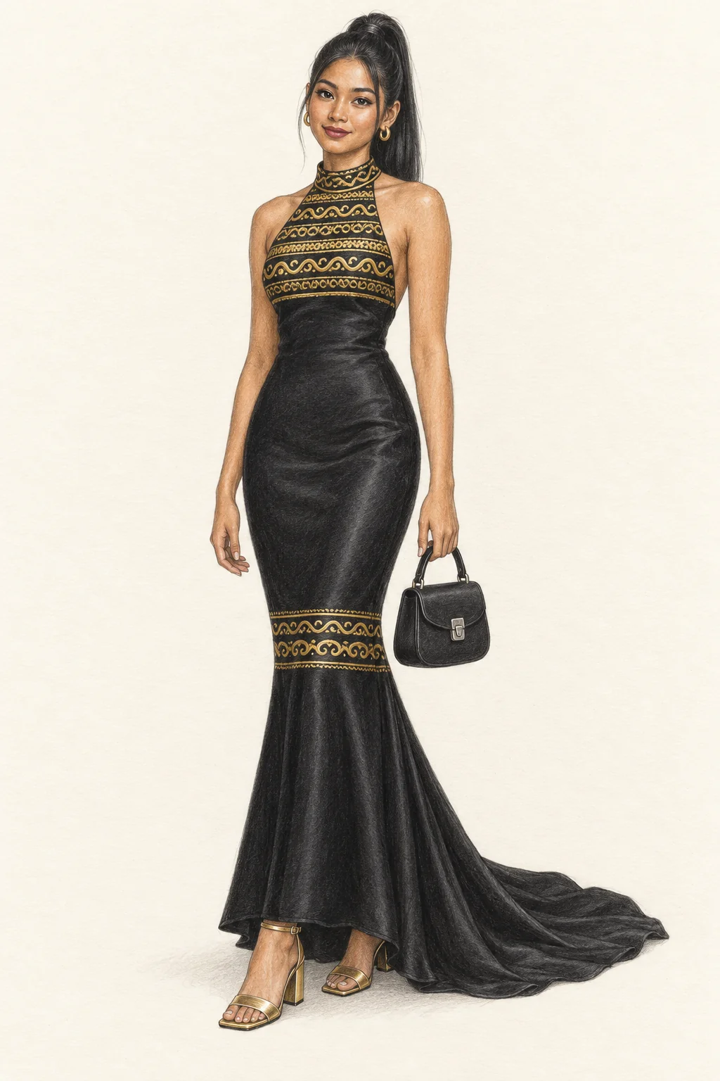 Fictional woman in a black and gold halter gown with a short train and gold sandals.