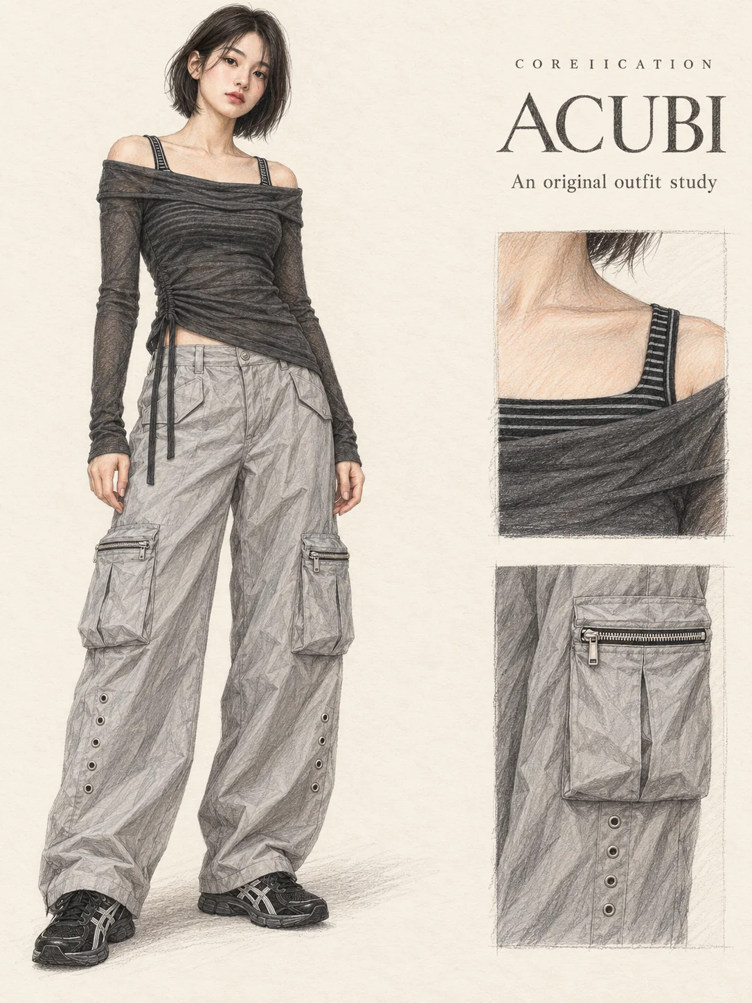 Realistic colored-pencil portrait of a person wearing a fine-striped tank under a gathered charcoal long-sleeve top, pale-gray wide cargo trousers and black-and-silver sneakers. Small neckline and pocket details sit beside the figure on warm ivory paper.