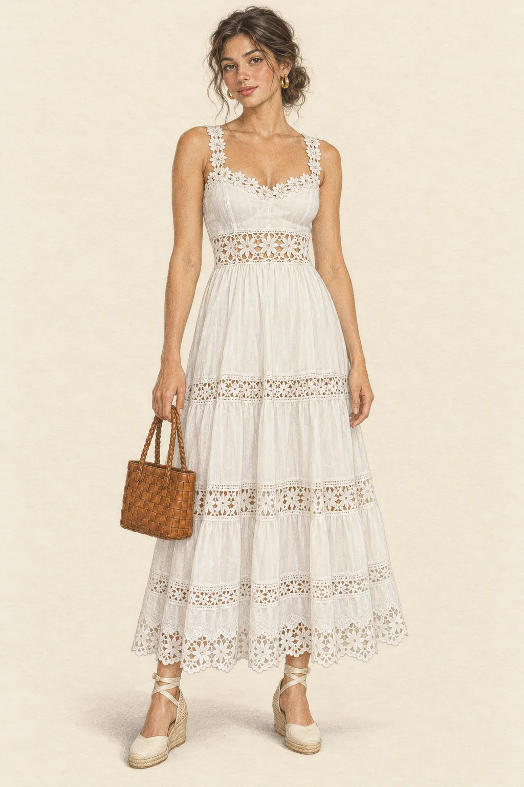 Coloured-pencil portrait of a young Spanish woman in a white lace-panel ankle-length dress, ivory espadrilles and a caramel woven bag.