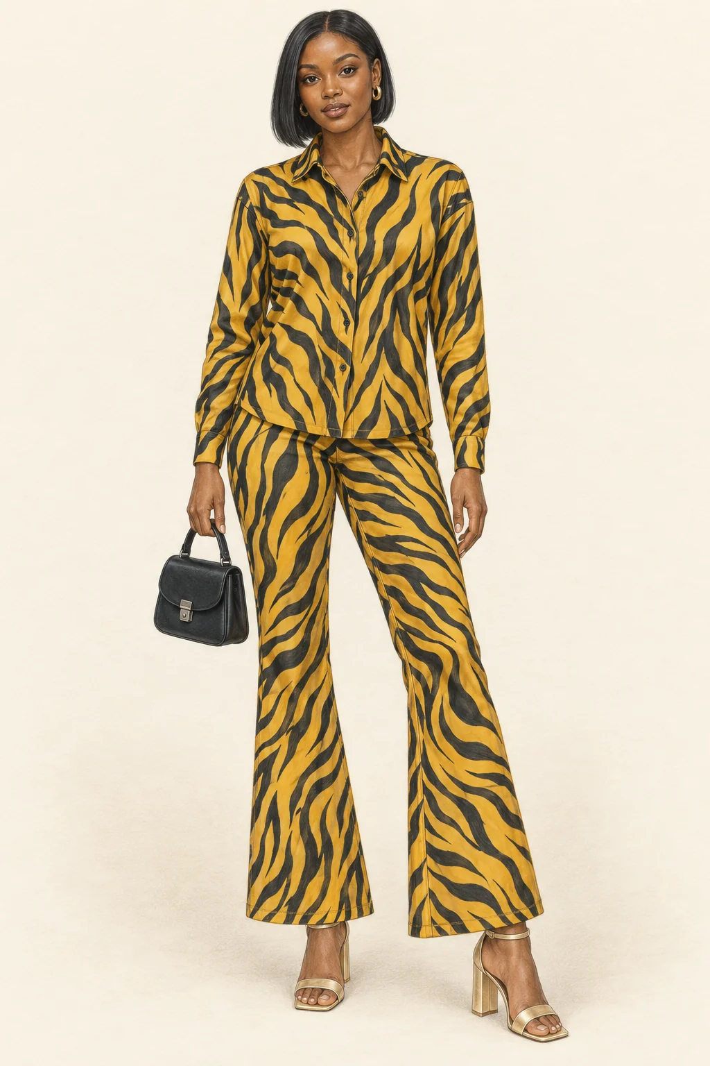Fictional woman in a golden-yellow and black matching shirt and flared trousers, with a black handbag and gold sandals.