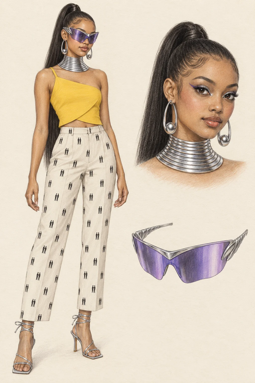 Youthful Afrofuturismcore fashion sketch with a long black ponytail, violet visor, stacked silver collar, yellow asymmetric top, ivory monogram trousers, orb earrings and silver sandals.