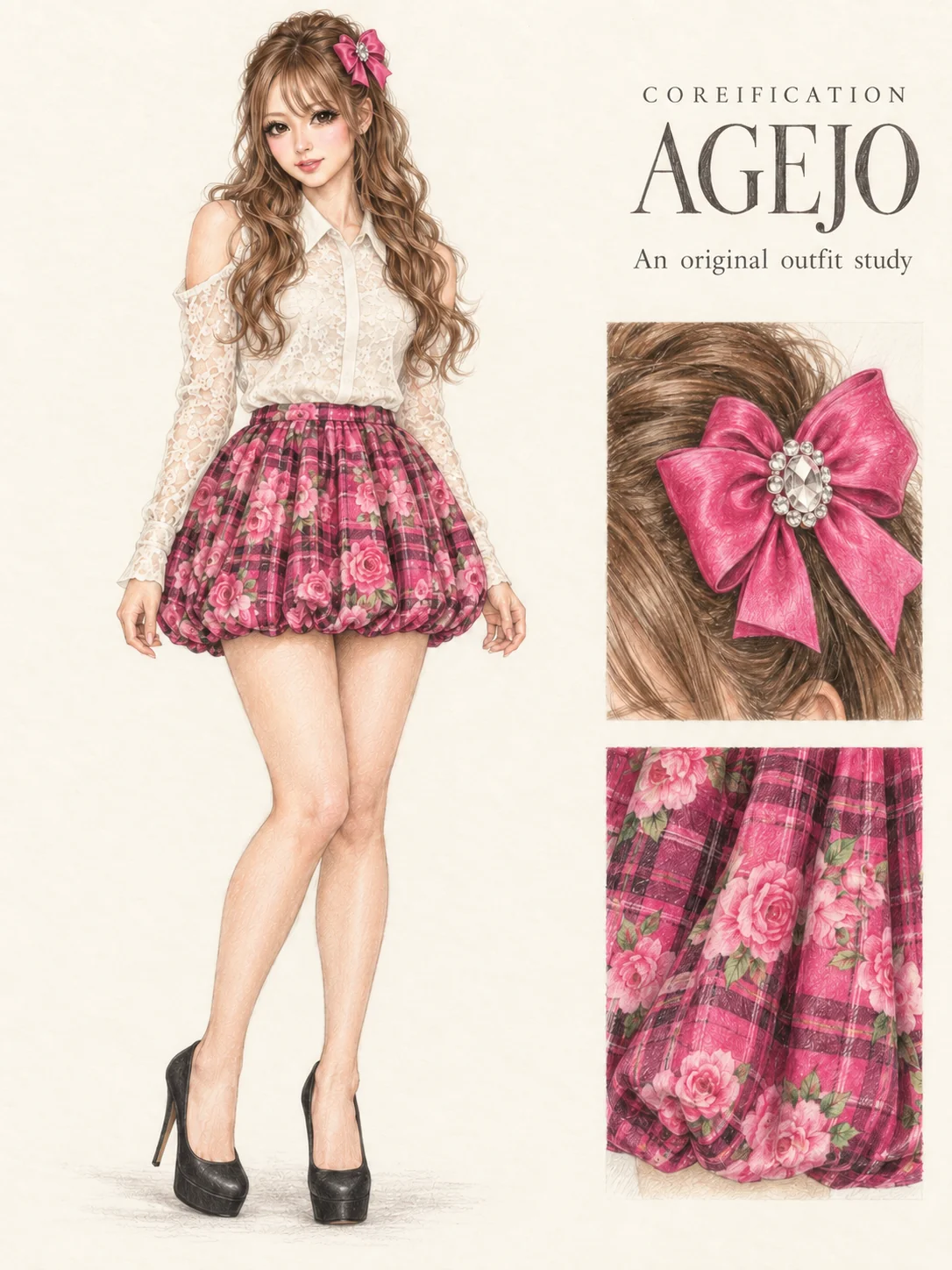 Realistic colored-pencil portrait of an adult wearing an ivory lace blouse with shoulder cutouts, a pink plaid-and-rose gathered mini skirt, black round-toe platform pumps and a pink jeweled hair bow. Small skirt-pattern and bow details sit beside the full figure on warm ivory paper.