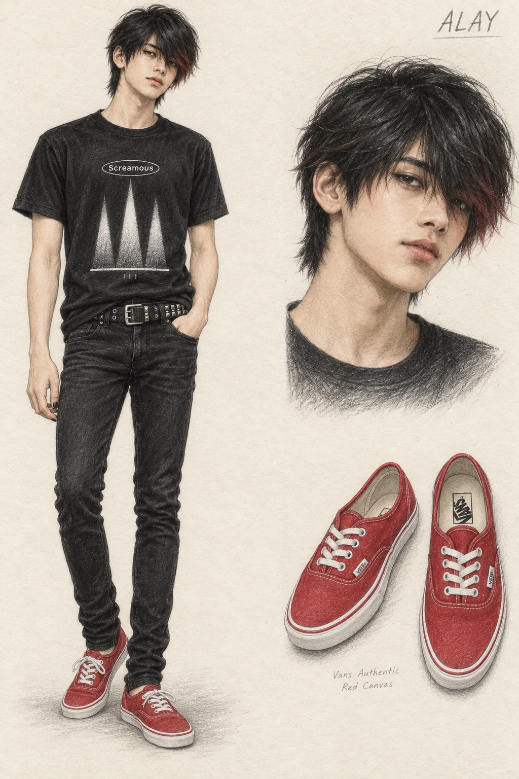 Colored-pencil fashion sketch for Alay: grainy graphics, a long fringe and red canvas, with youthful fictional character and separate face and footwear studies.