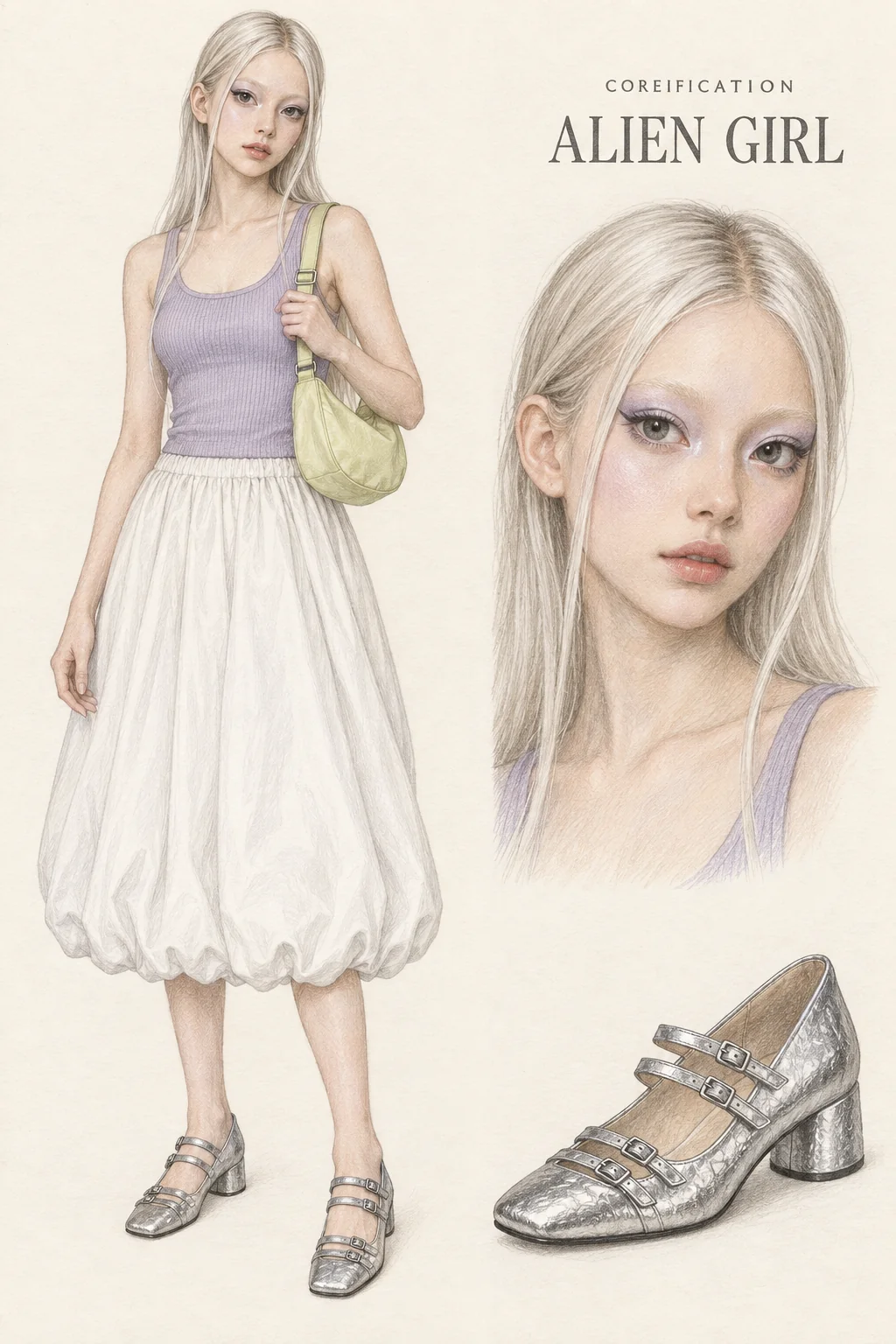 Detailed colored-pencil Alien Girl fashion sheet on warm ivory paper. Lilac ribs, a white bubble skirt and silvery eyes. A complete youthful fictional figure stands at left with matching face and item studies at right.