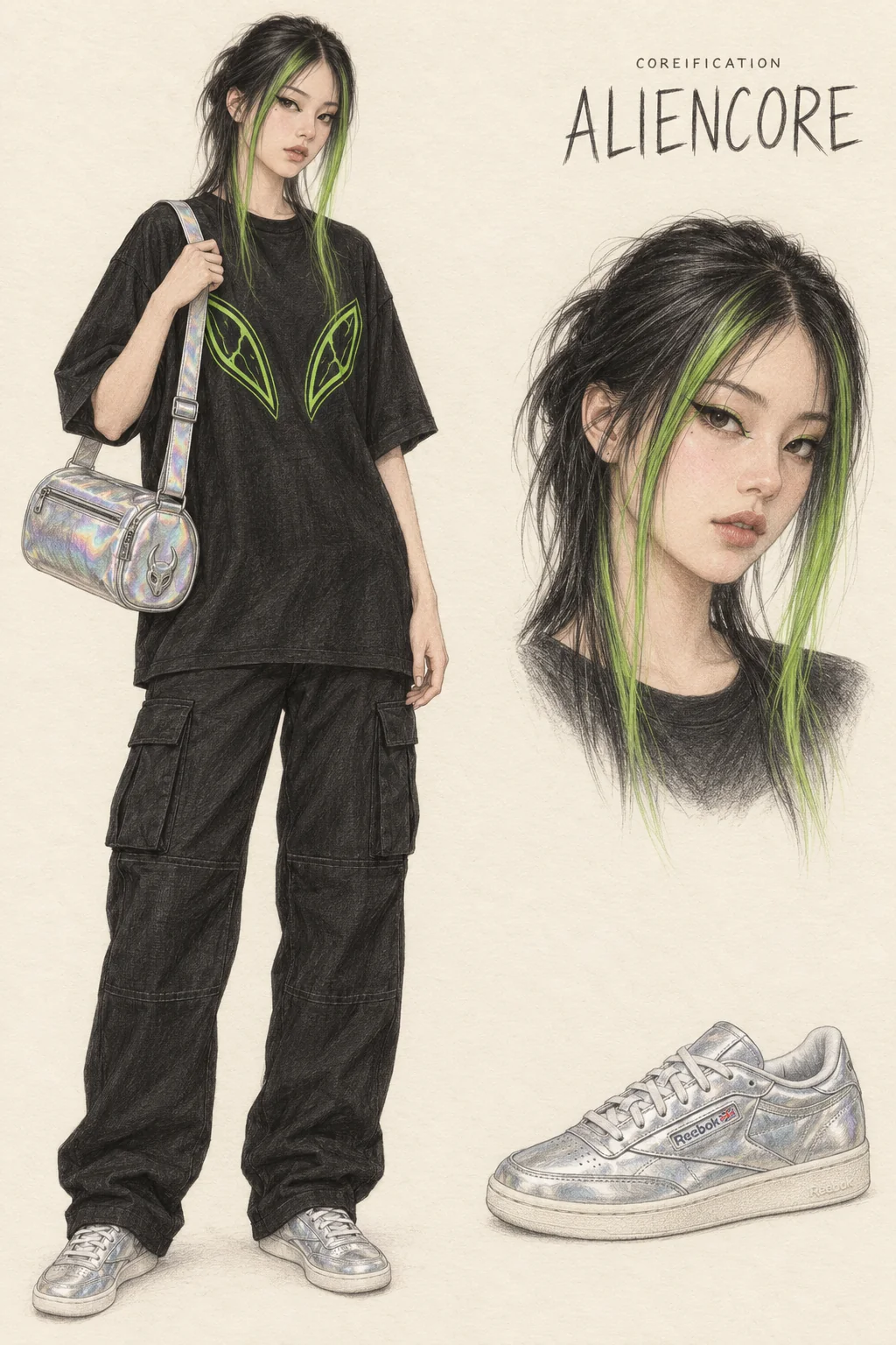 Detailed colored-pencil Aliencore fashion sheet on warm ivory paper. Acid-green alien eyes with black cargo volume. A complete youthful fictional figure stands at left with matching face and item studies at right.