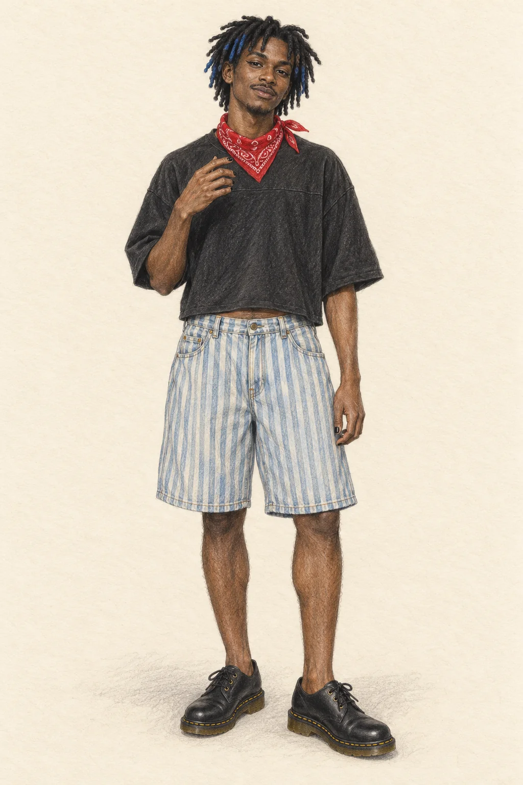 Detailed coloured-pencil full portrait of a young Nigerian Black man with blue-tipped locs, a black cropped tee, striped denim shorts, red bandana and black lace-up shoes on ivory paper.