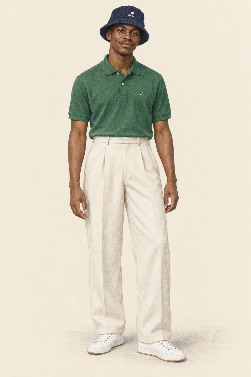 Coloured-pencil portrait of a fictional South African man in a green polo, ivory wide trousers, navy bucket hat and white canvas sneakers.