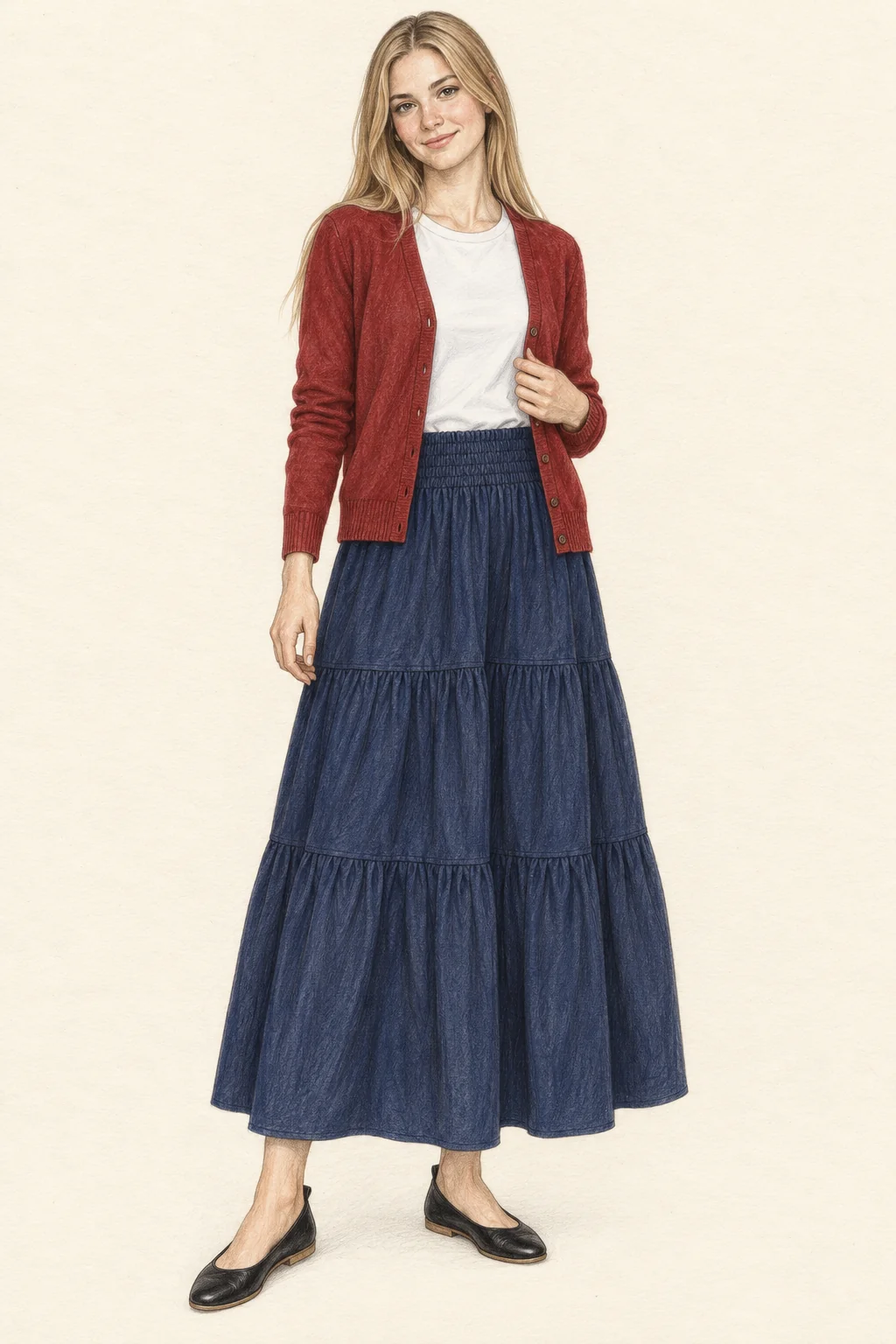 Full-length colored-pencil portrait of a young adult in an open red cardigan, white tee, navy tiered maxi skirt and black ballet flats on ivory paper.