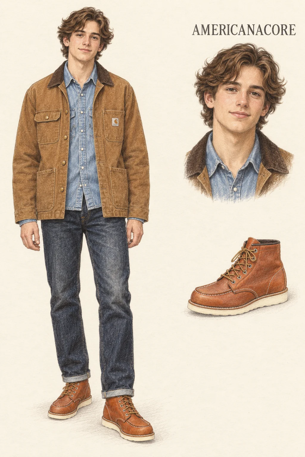 Full-length colored-pencil fashion sketch on warm ivory paper. Youthful clean-shaven man with softly waved medium brown hair and fresh facial features. Natural brows and lips keep the face clear above the corduroy collar. Open tobacco coat has four patch pockets with only the wearer-right chest flap; light Western denim shirt shows pale snaps and pointed pocket detail. Dark straight jeans have one small cuff above each orange-brown moc-toe boot. Cream soles are continuous wedges. Separate face and item studies appear at right.