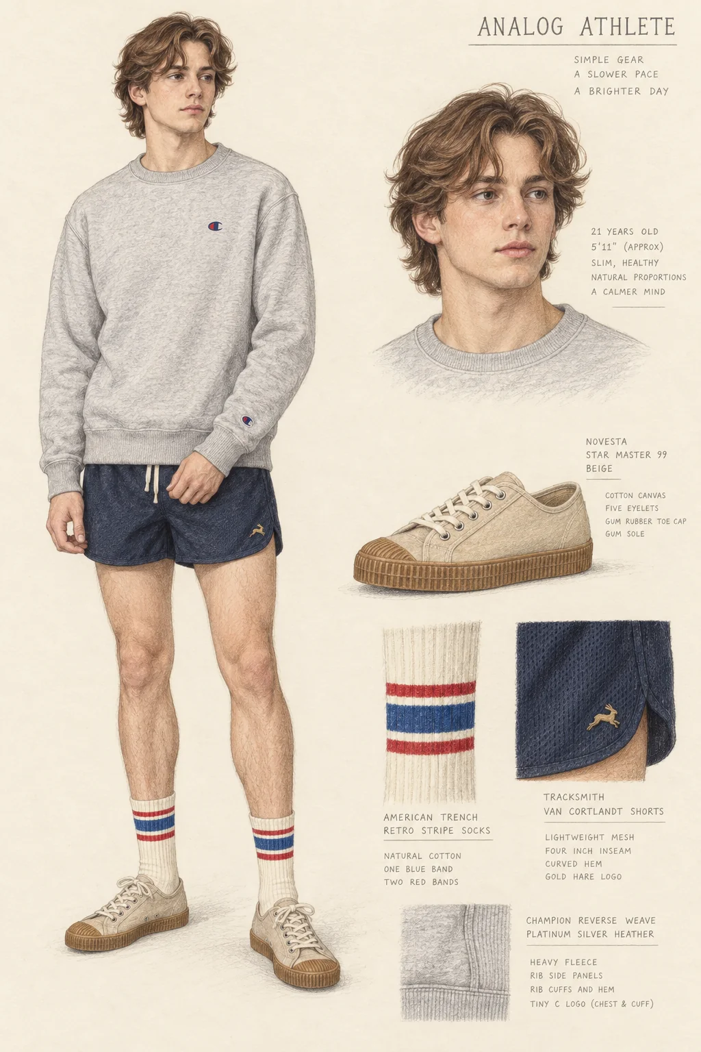 Colored-pencil sheet of a youthful man in a gray crewneck, navy track shorts, striped cream socks and beige gum-soled canvas shoes, with matching portrait and item details.