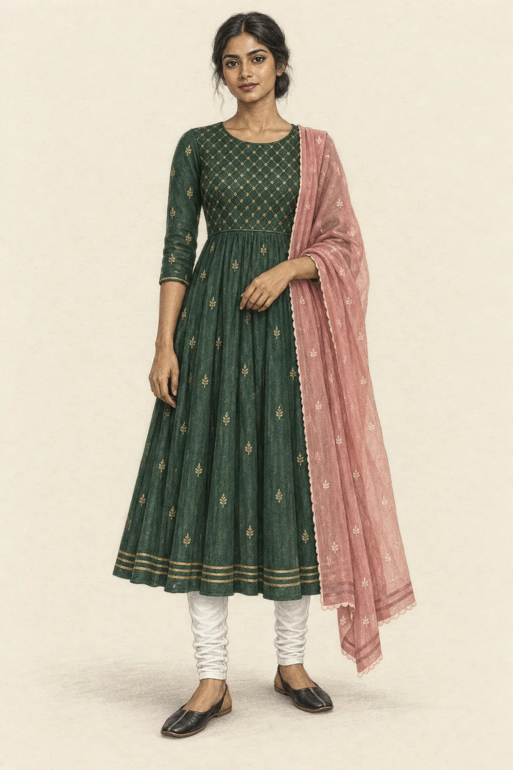 Coloured-pencil portrait of a fictional South Asian woman wearing an emerald Anarkali, white churidar, rose dupatta and flat black khussa.