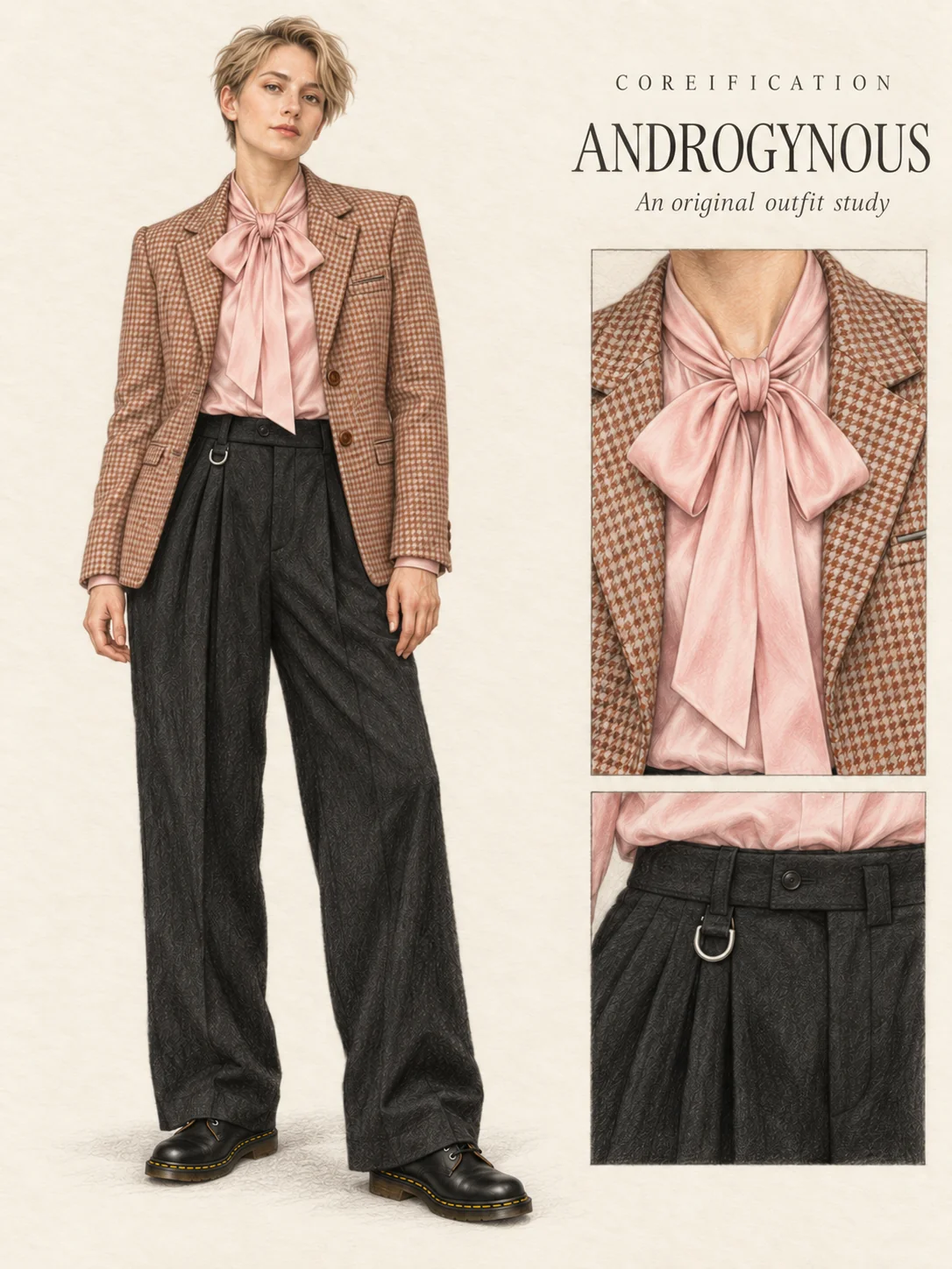 Full-length colored-pencil fashion sketch on warm ivory paper. Youthful soft face, loose ash-blond crop, natural brows and muted pink lips. Healthy natural frame; hair keeps the bow and lapels visible. Hip-length cinnamon houndstooth blazer over pink neck bow, full black front-pleated trousers with a small D-ring, black rounded lace-ups and yellow welt. Actual exact crop contains complete hair, hands and both shoes; title and construction insets remain outside.