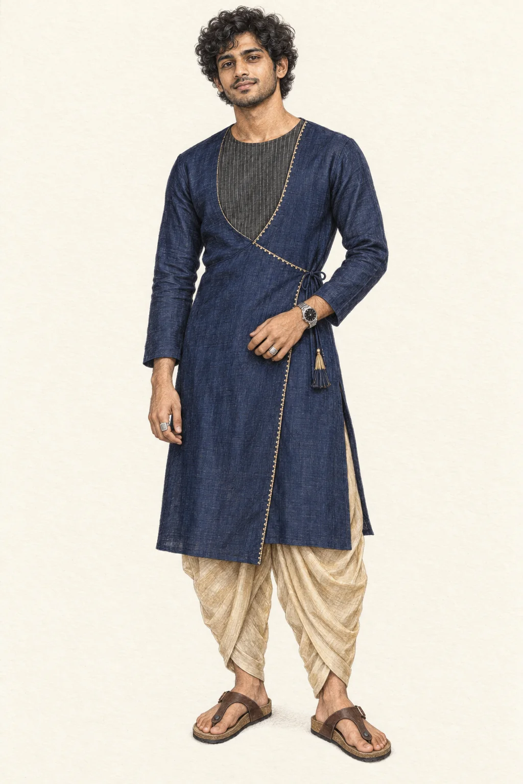 Detailed pencil portrait of a youthful Indian man in a navy wrap-front angarkha, beige dhoti pants and brown sandals.