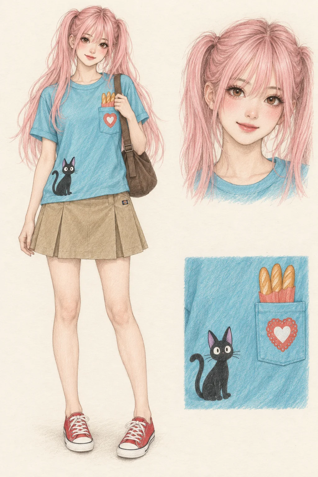 Colored-pencil Animecore sketch of a youthful pink-haired character in a blue Jiji pocket tee, khaki pleated skirt, red low canvas sneakers and brown nylon shoulder bag.