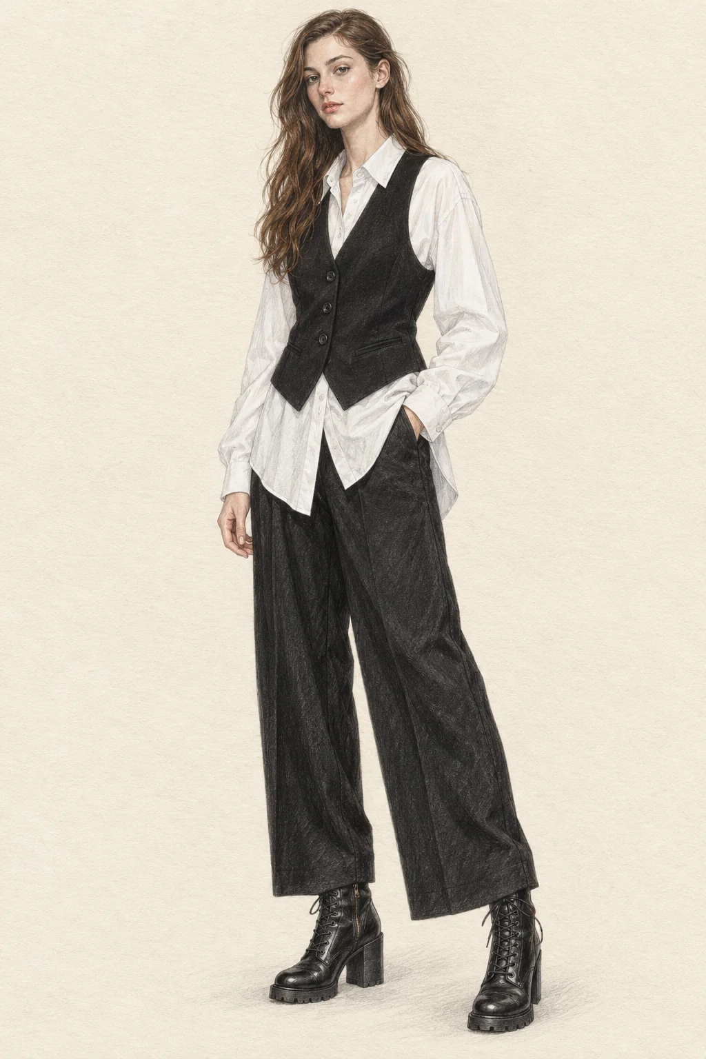 Detailed colored-pencil sketch of a young adult in a long white shirt, fitted black waistcoat, wide black trousers and black laced block-heel boots, standing on warm ivory paper.
