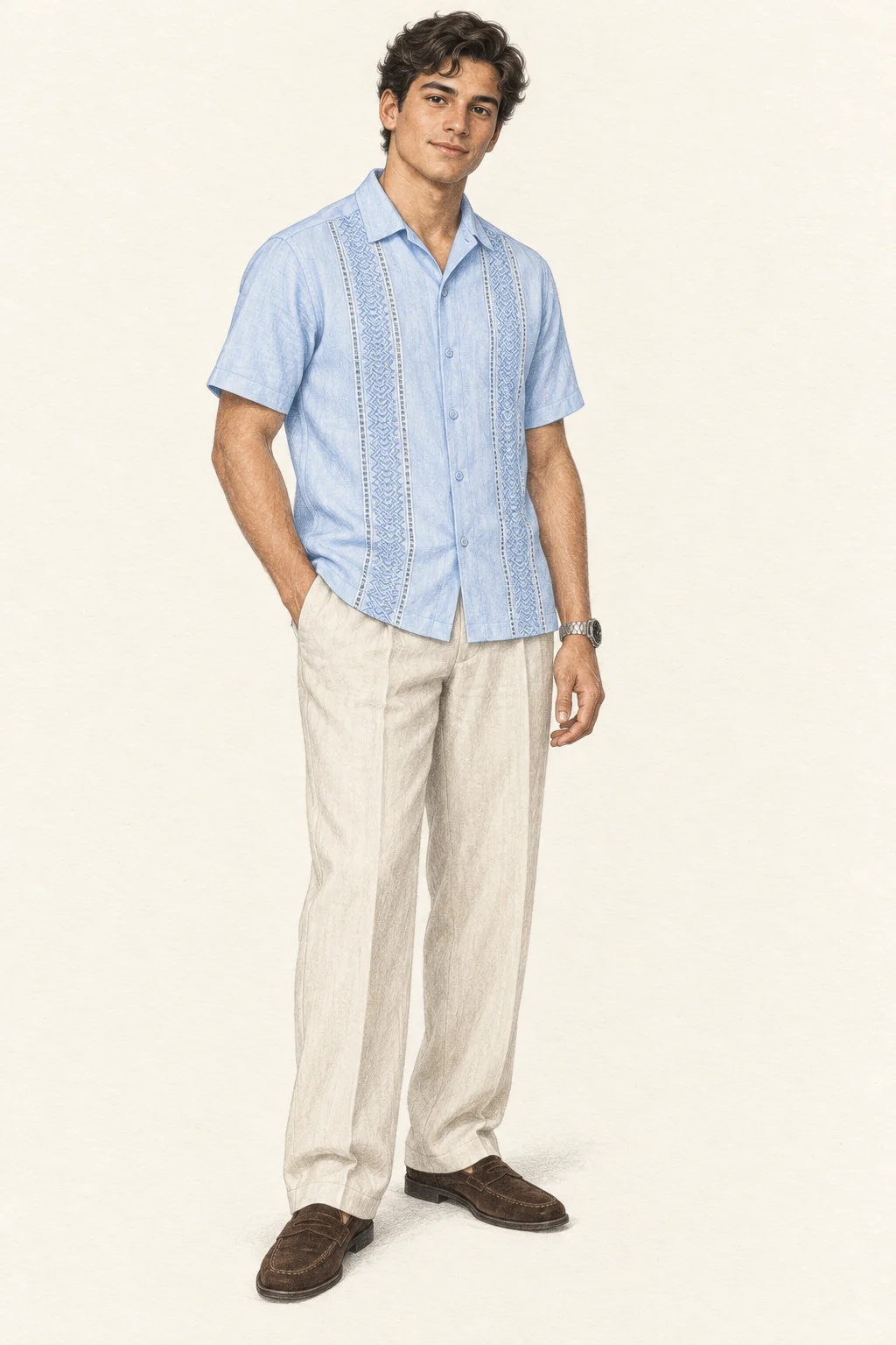 Full figure in a light-blue embroidered short-sleeve shirt, pale wide trousers, brown suede loafers and a silver watch.