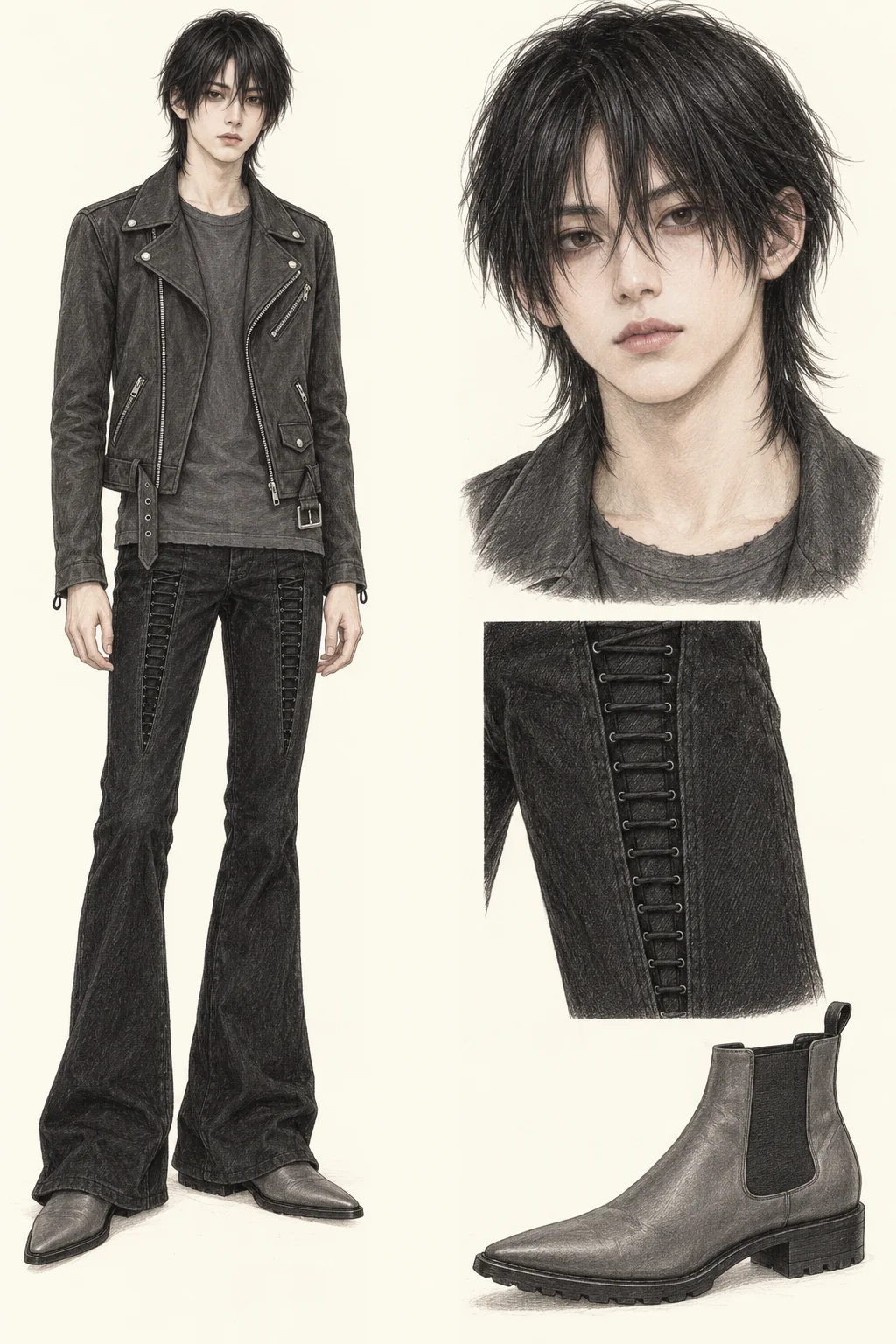 Youthful Archivecore fashion sketch with dark layers, laced flares and silver hardware.