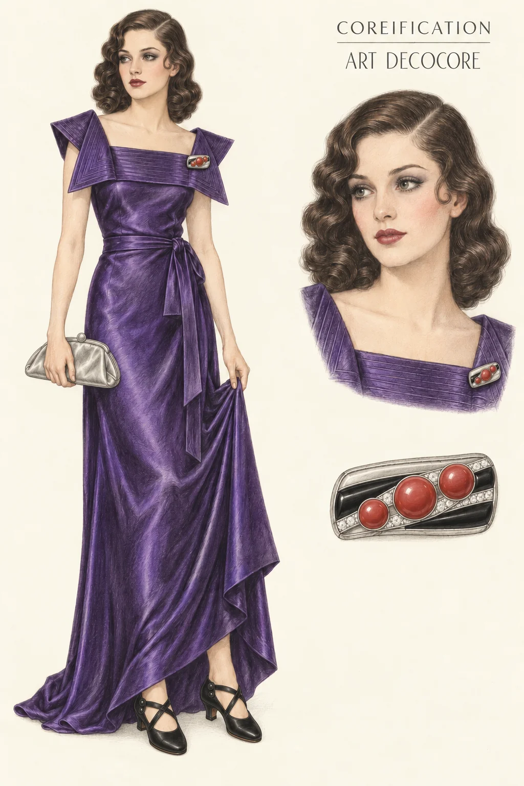 Detailed colored-pencil Art Decocore sheet on warm ivory paper. Violet geometric satin, sculpted waves and coral accents. A complete youthful fictional figure at left, matching face and item studies at right.