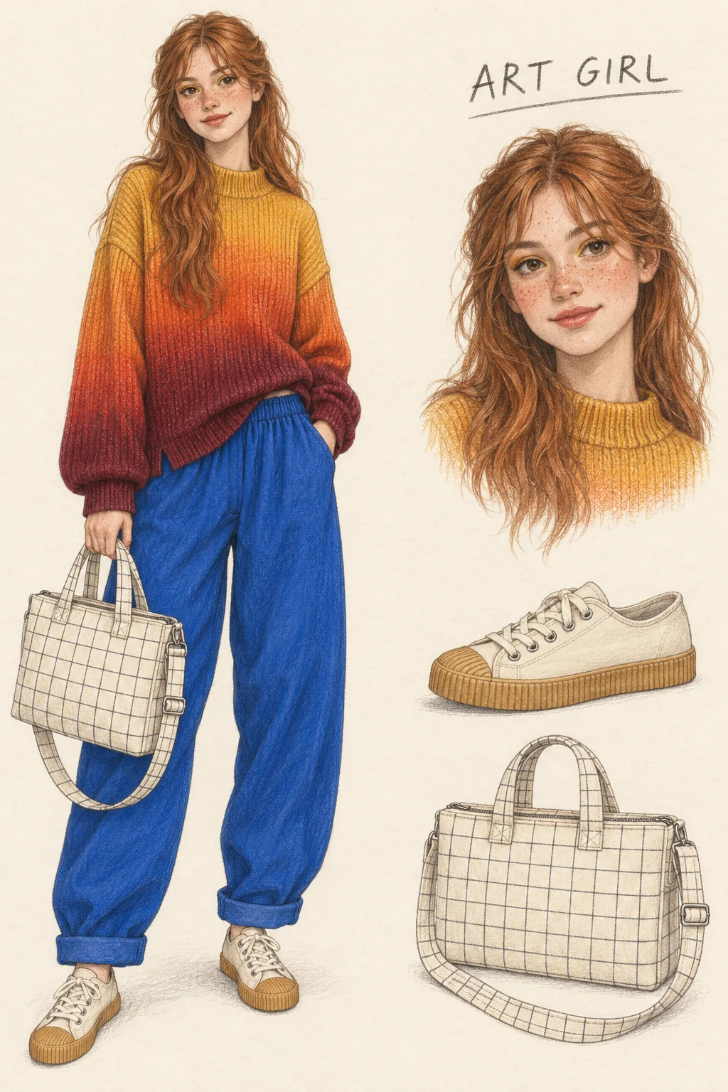 Youthful Art Girl pencil fashion sketch: sunset knit, cobalt trousers and a gridded canvas tote.