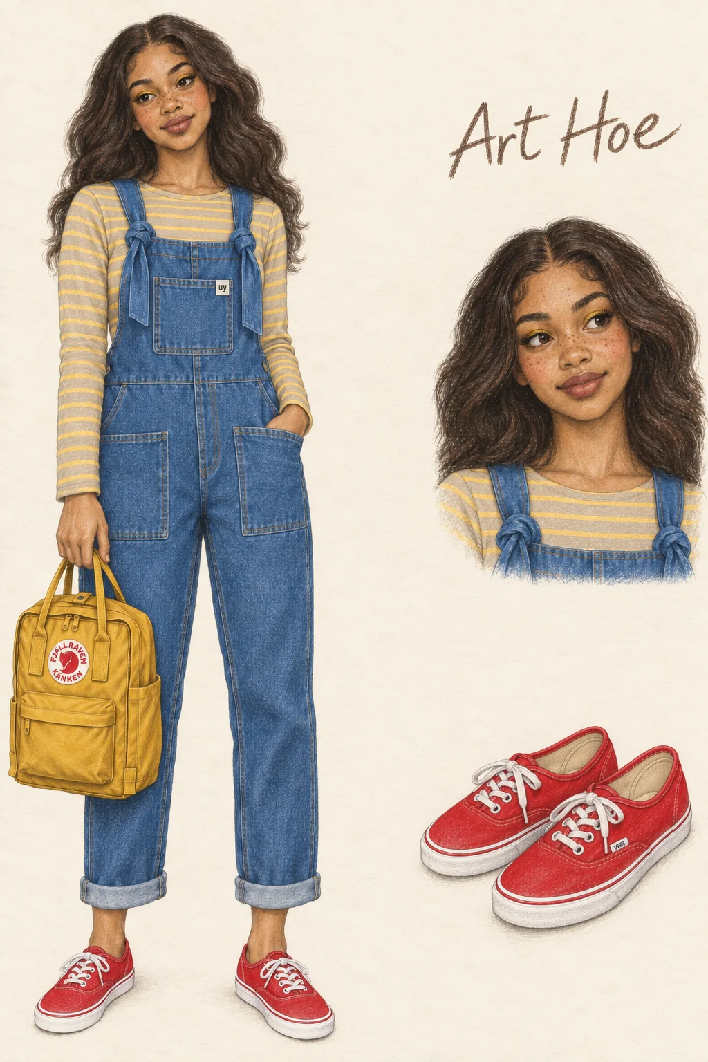 Colored-pencil fashion sketch of a youthful Black woman with voluminous dark waves in blue tied-strap overalls, beige and yellow striped top, ochre backpack and red canvas sneakers, with separate face and shoe studies.