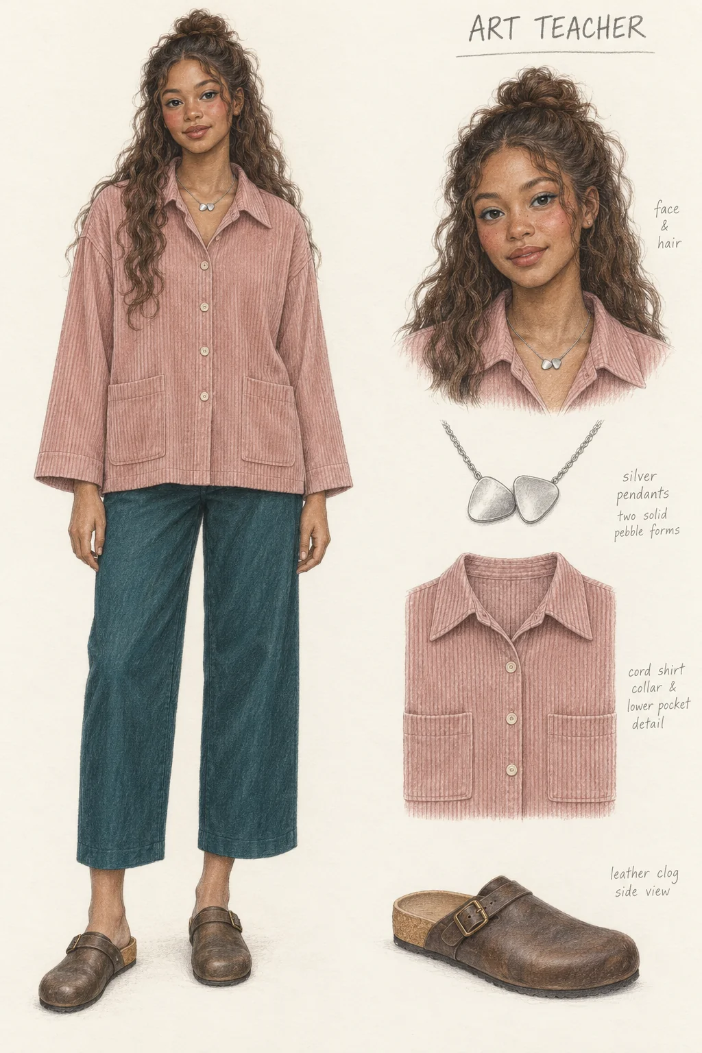 Full-length colored-pencil fashion sketch on warm ivory paper. Youthful softly rounded face, long voluminous brown waves in a loose half-up bun, coral-rose cheeks, warm lips and fine teal-toned lash definition. Full figure and face study agree. Loose clay-pink cord shirt with two lower patch pockets, deep teal wide cropped trousers, two small solid silver necklace forms and muted brown round open-heel clogs. Both hands, complete hair and both entire shoes visible; slim softly shaded ankles. Face and garment studies are separate at right.