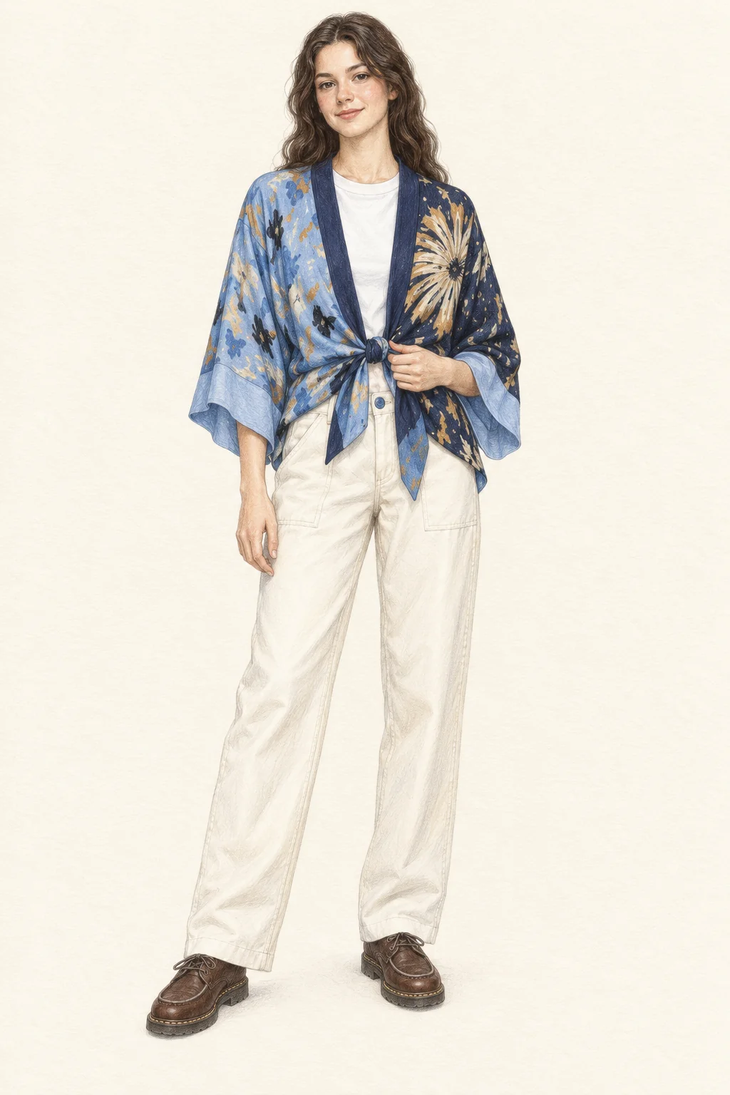 Detailed graphite and colored-pencil fashion sketch of a young adult with long soft brown waves wearing a blue printed silk robe tied at the front over a white tee, ivory relaxed work trousers and brown moc-toe lace-ups on warm ivory paper.