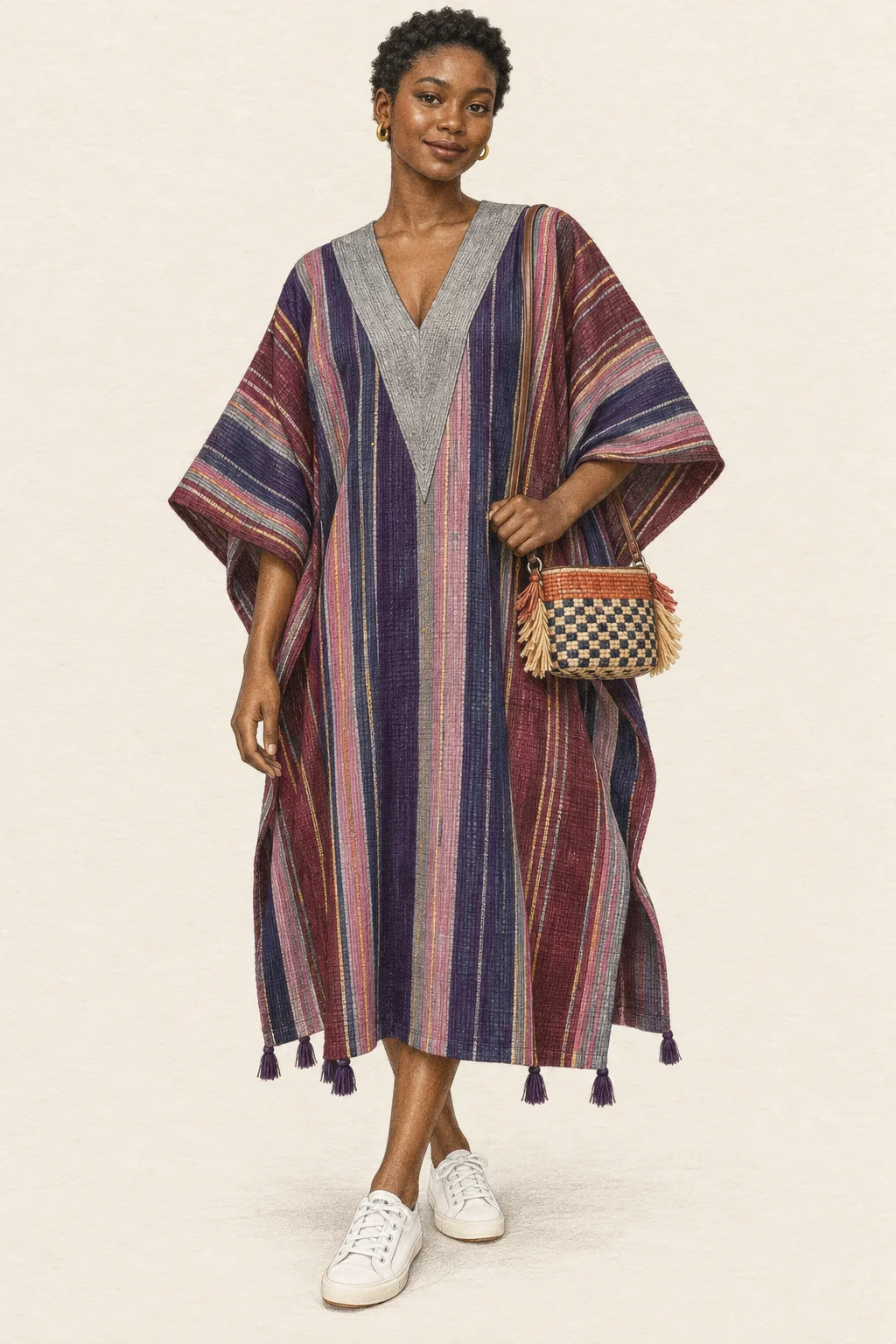 Realistic coloured-pencil full portrait of a slim young Nigerian Black woman with short natural coils, a plum-striped loose boubou, white sneakers, small gold hoops and a compact woven bag on ivory paper.