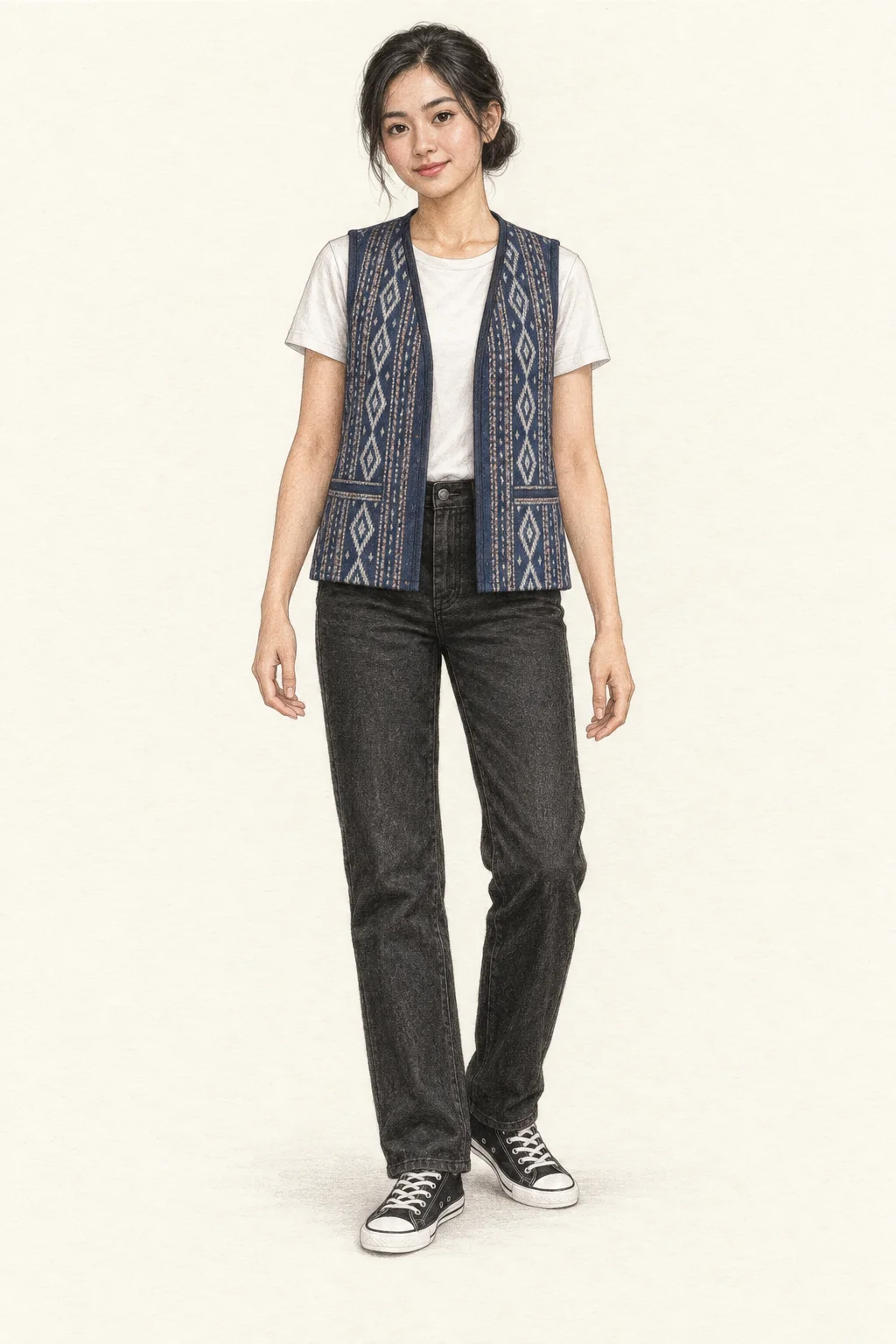 A woman in a blue and white patterned vest, white tee, black straight jeans and black canvas shoes.