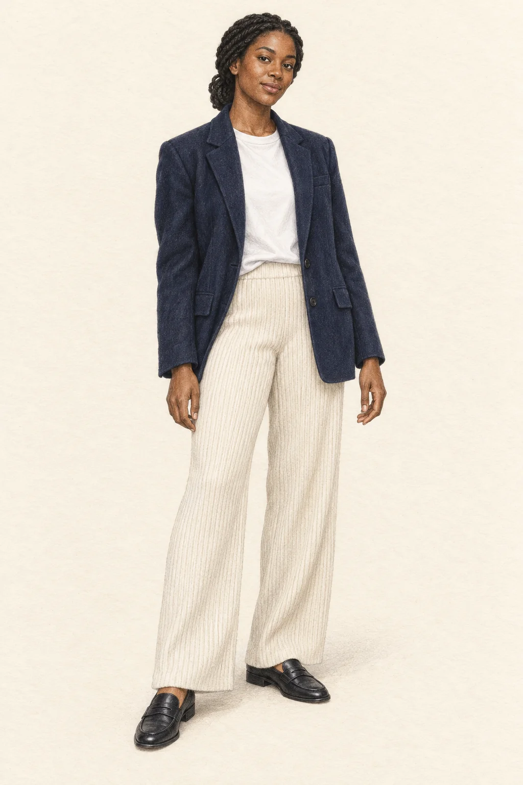 Full-length coloured-pencil illustration of a youthful fictional Black woman in a navy blazer, white tee, cream wide rib-knit trousers and black loafers.