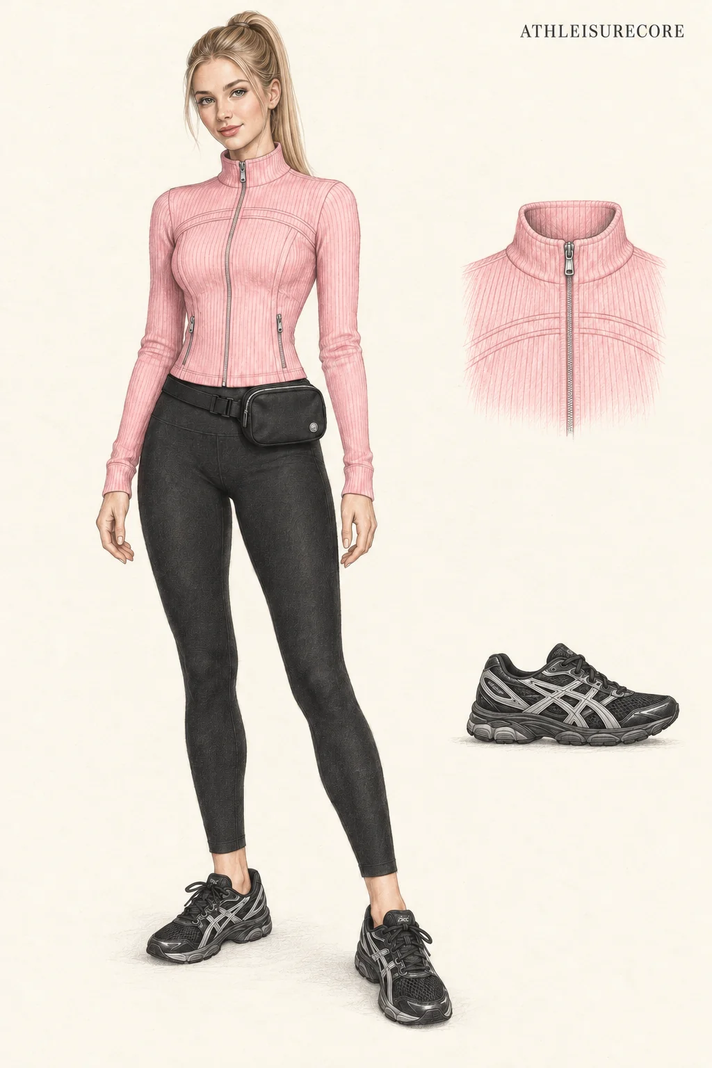 Colored-pencil fashion sketch of a slim young-young woman with a blonde ponytail, a close-fitting pink ribbed zip jacket, black ankle leggings, black-and-silver trainers and a black belt bag, with jacket and shoe studies.