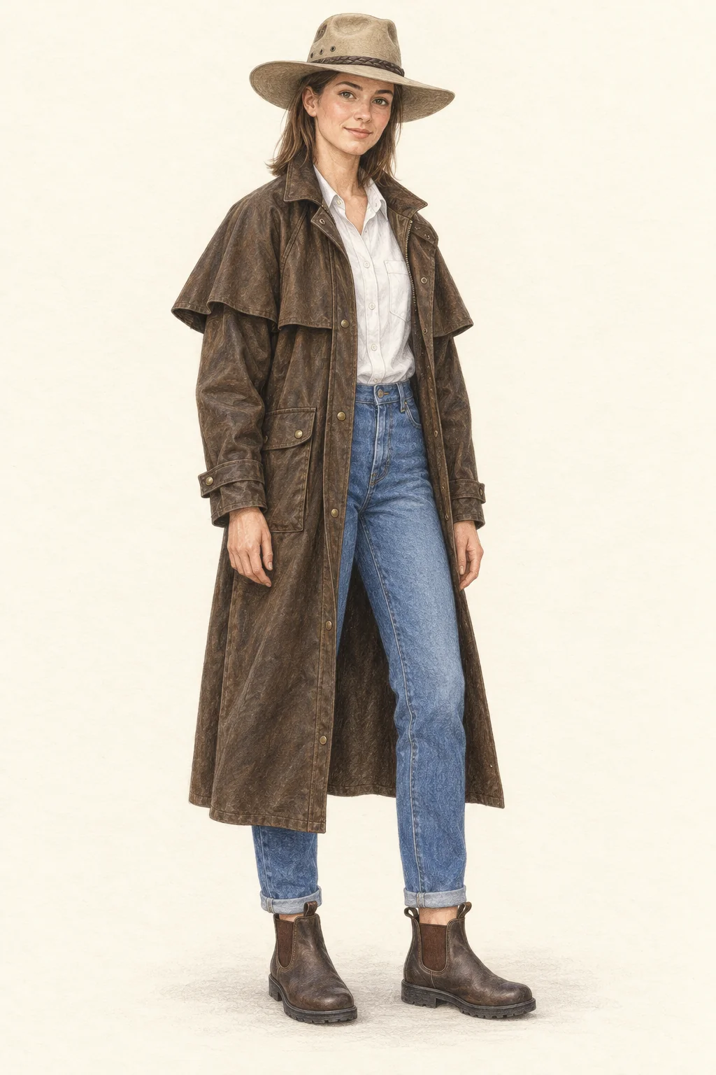 Full-length coloured-pencil illustration of a youthful fictional woman wearing a sand broad-brim hat, long brown oilskin coat, white shirt, blue jeans and brown elastic-sided boots.