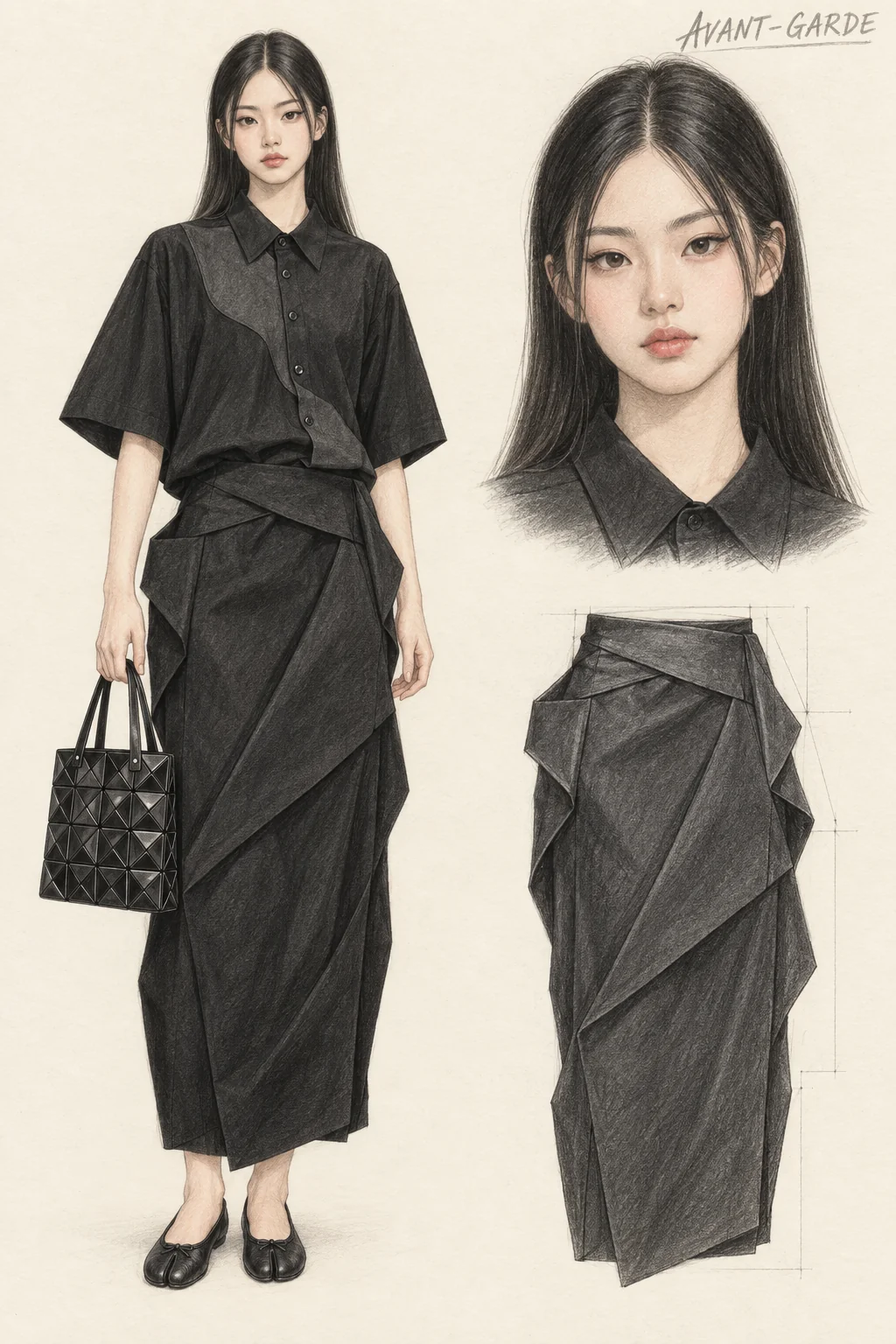 Youthful Avant-Garde pencil fashion sketch: folded black sculpture, asymmetric shirting and split toes.
