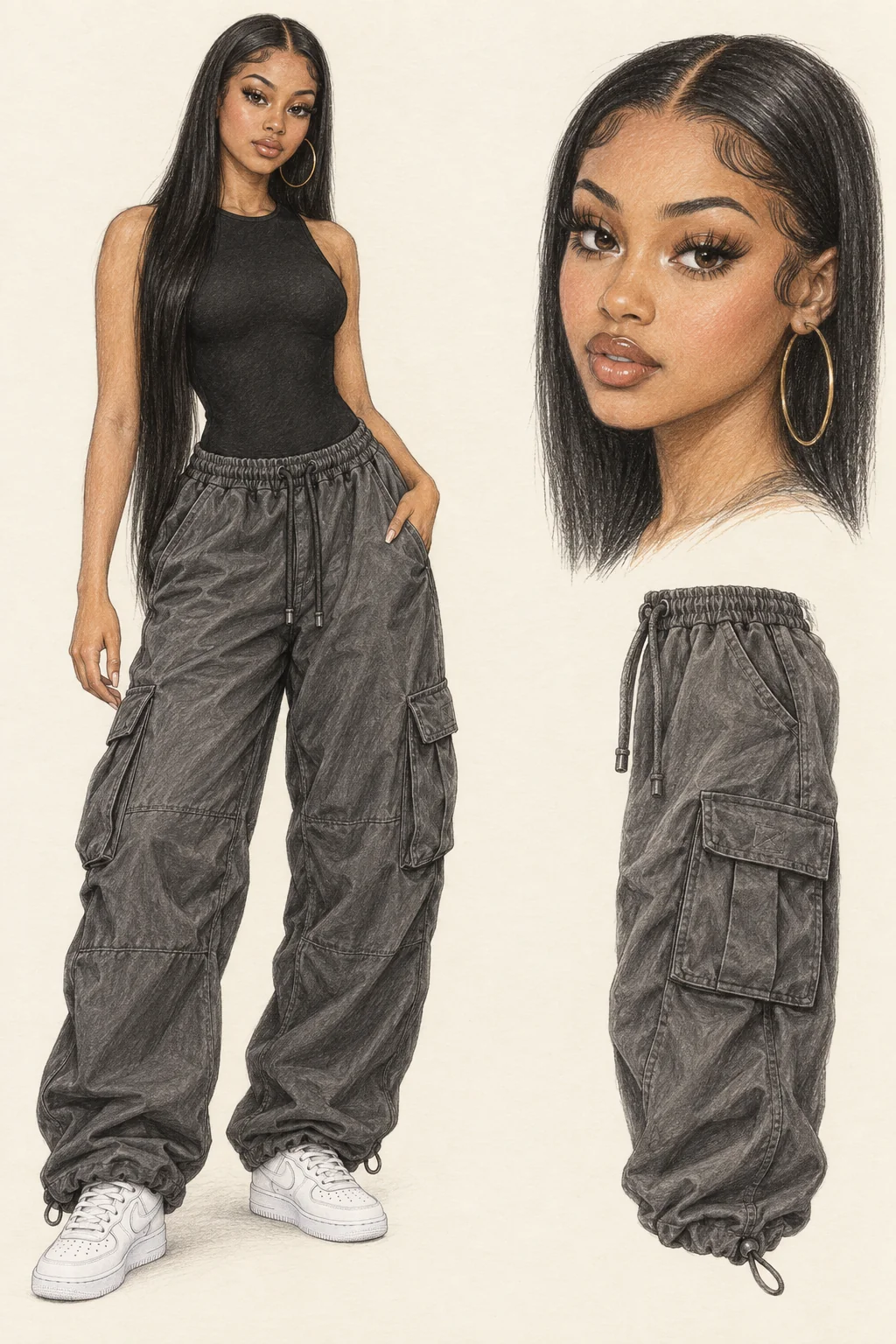 Youthful Baddie fashion sketch with long sleek black hair, defined soft-glam makeup, gold hoops, a black high-neck bodysuit, loose gray cargos and white sneakers.