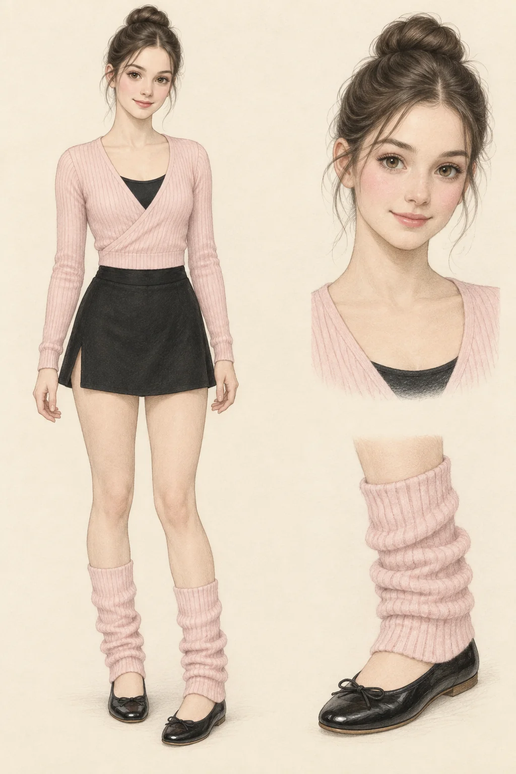 Youthful Balletcore pencil sketch with a neat brown bun, pink crossover knit, black camisole and short skirt, scrunched pink leg warmers and black ballet flats.