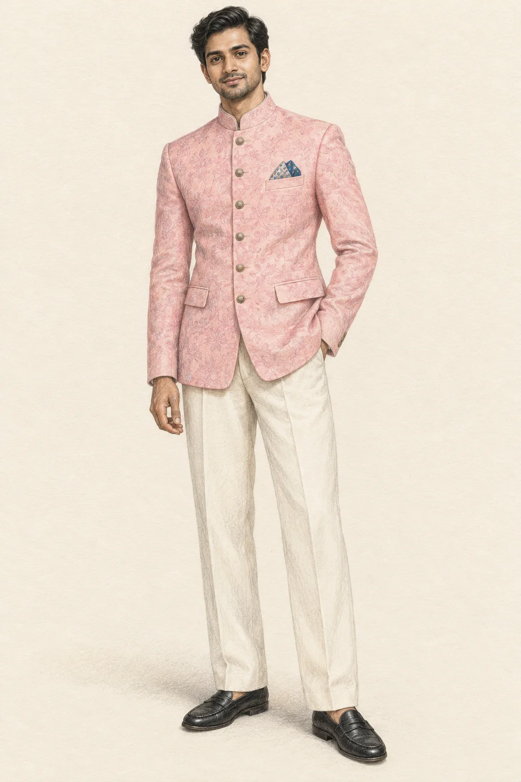 Pencil portrait of a young Indian man in a pink bandhgala jacket, off-white trousers, blue pocket square and black loafers.