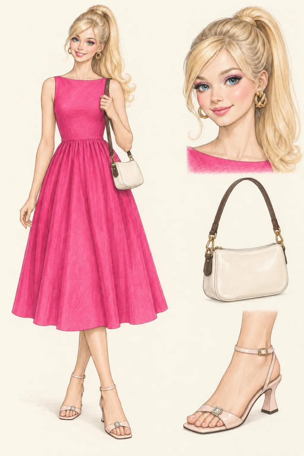 Colored-pencil Barbiecore sketch of a youthful blonde character with a long curled ponytail, pink makeup, fuchsia full-skirted midi dress, pale pink sandals, white bag and gold hoops.
