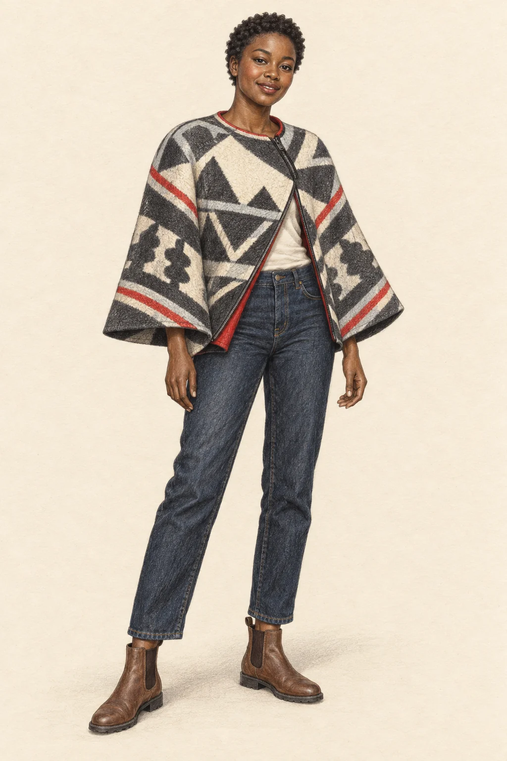 Realistic pencil portrait of a young Basotho woman in a graphic blanket cape, cream tee, dark straight jeans and brown Chelsea boots.
