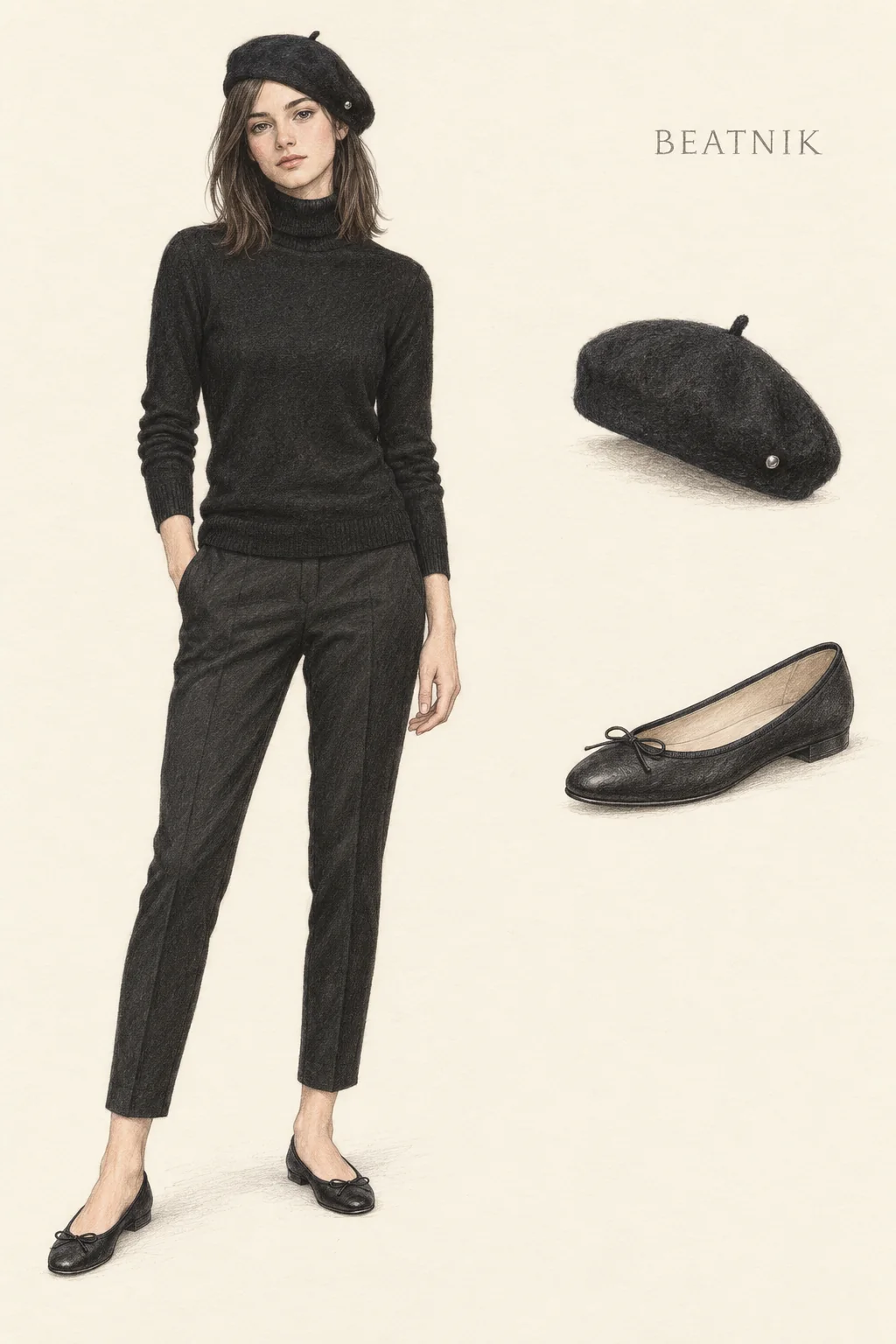 Coloured-pencil fashion sketch of a slim young adult with shoulder-length dark hair, black beret, black rollneck and ankle trousers, and black ballet flats on ivory paper.