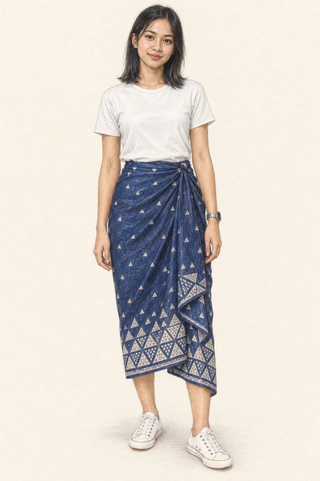 Full coloured-pencil figure of a fictional Indonesian woman in a white tee, indigo triangle-patterned wrap, white canvas trainers and silver watch.