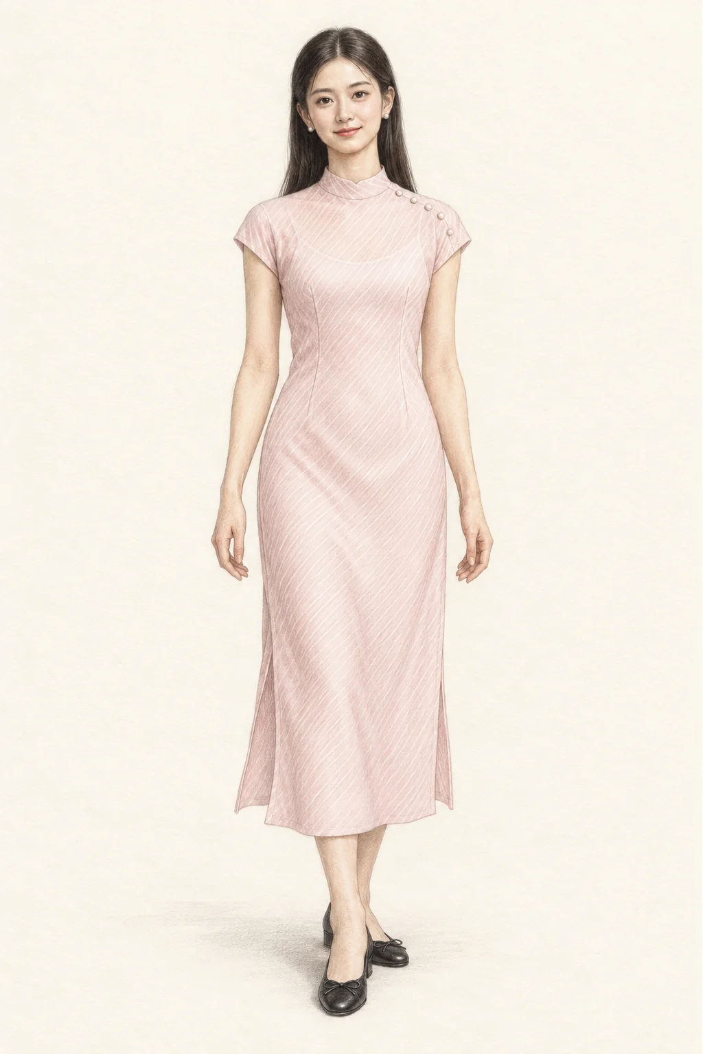 Full-length coloured-pencil portrait of a woman in a pale-pink high-neck bias-cut midi dress and low black bow pumps.