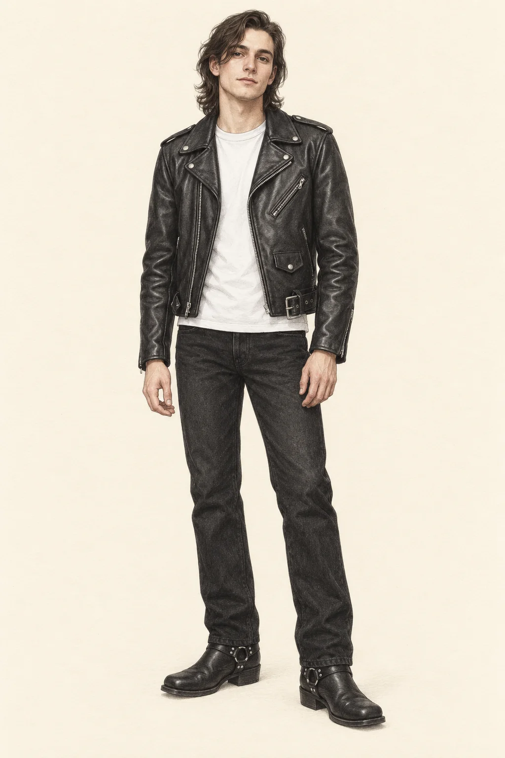 Detailed colored-pencil fashion sketch of a young adult with shoulder-length dark hair wearing a black asymmetric leather jacket, white crewneck T-shirt, straight black jeans and black ring-harness boots on ivory paper.