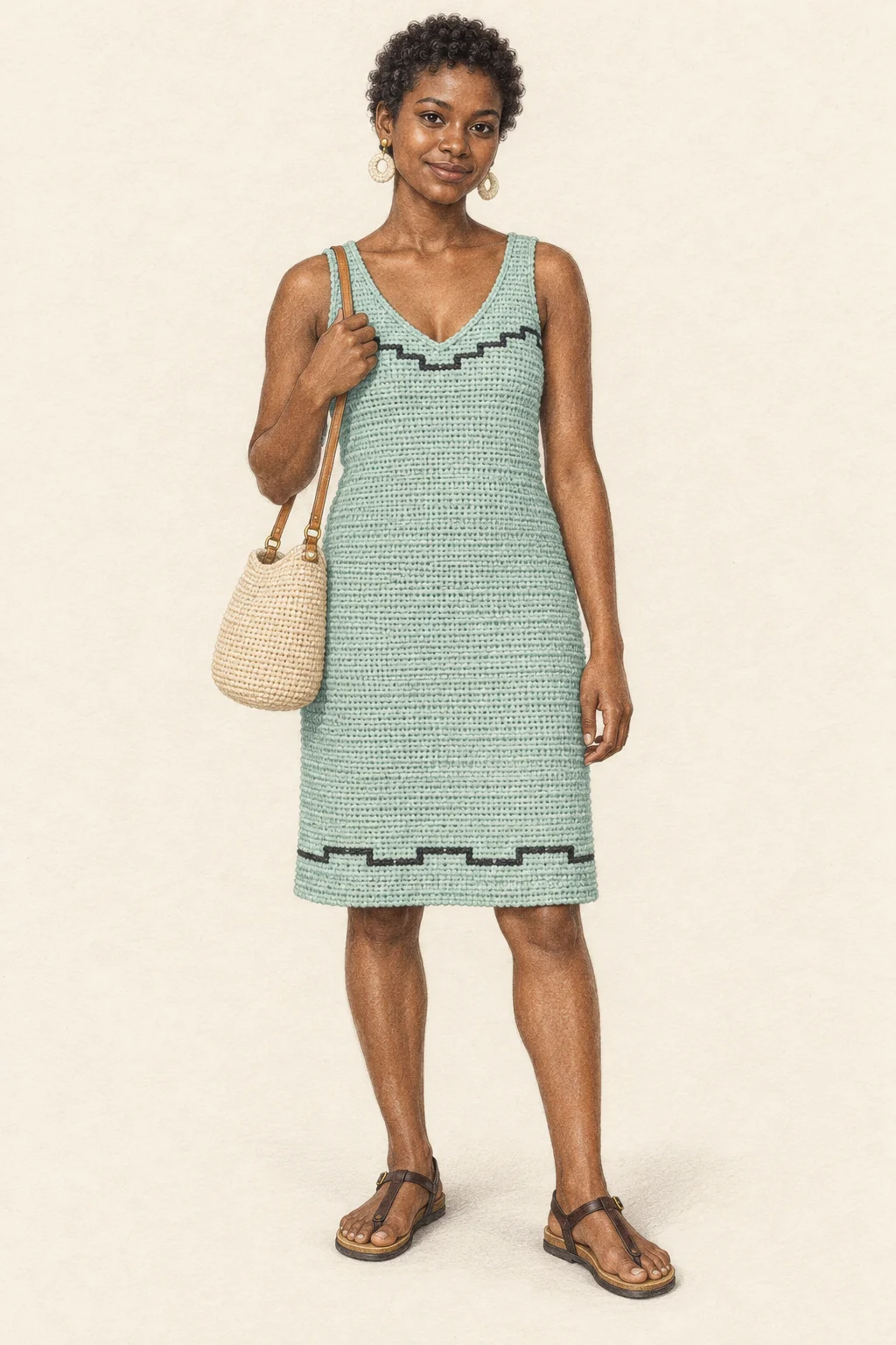Coloured-pencil portrait of a young Papua New Guinean woman in a mint sleeveless looped dress, cream bilum bag, fibre earrings and brown sandals.