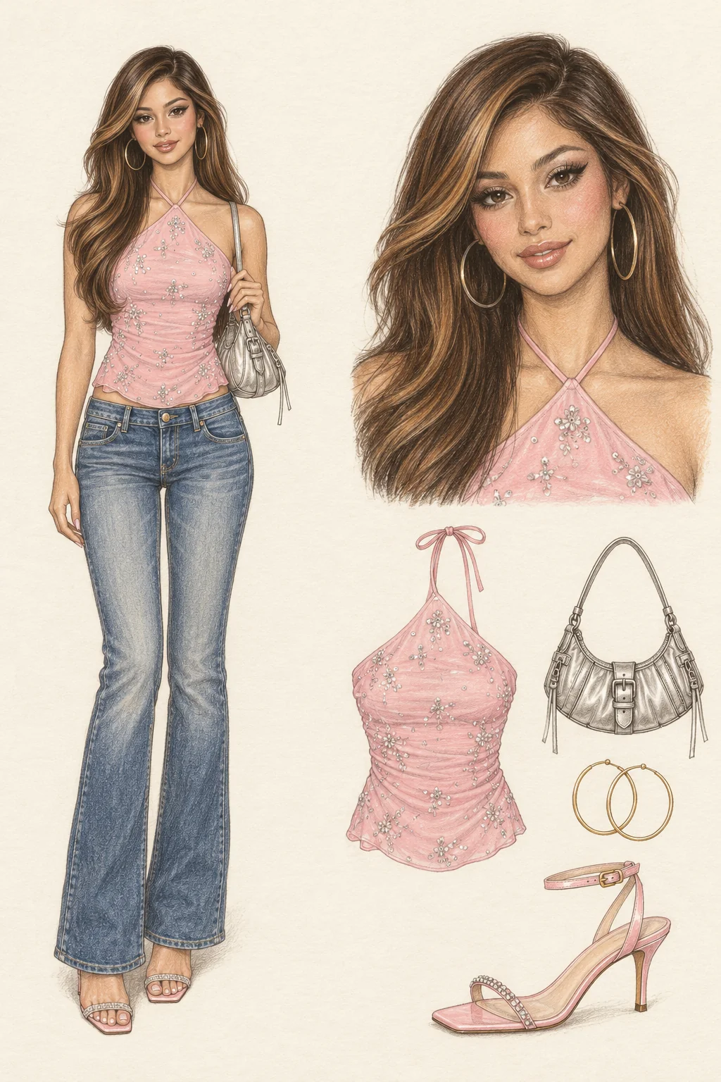 Detailed colored-pencil Bimbo Latina fashion sheet on opaque warm ivory paper: Pink beaded halter, stitched bootcuts and polished Y2K beauty. Complete youthful fictional figure at left, matching portrait and item studies at right.