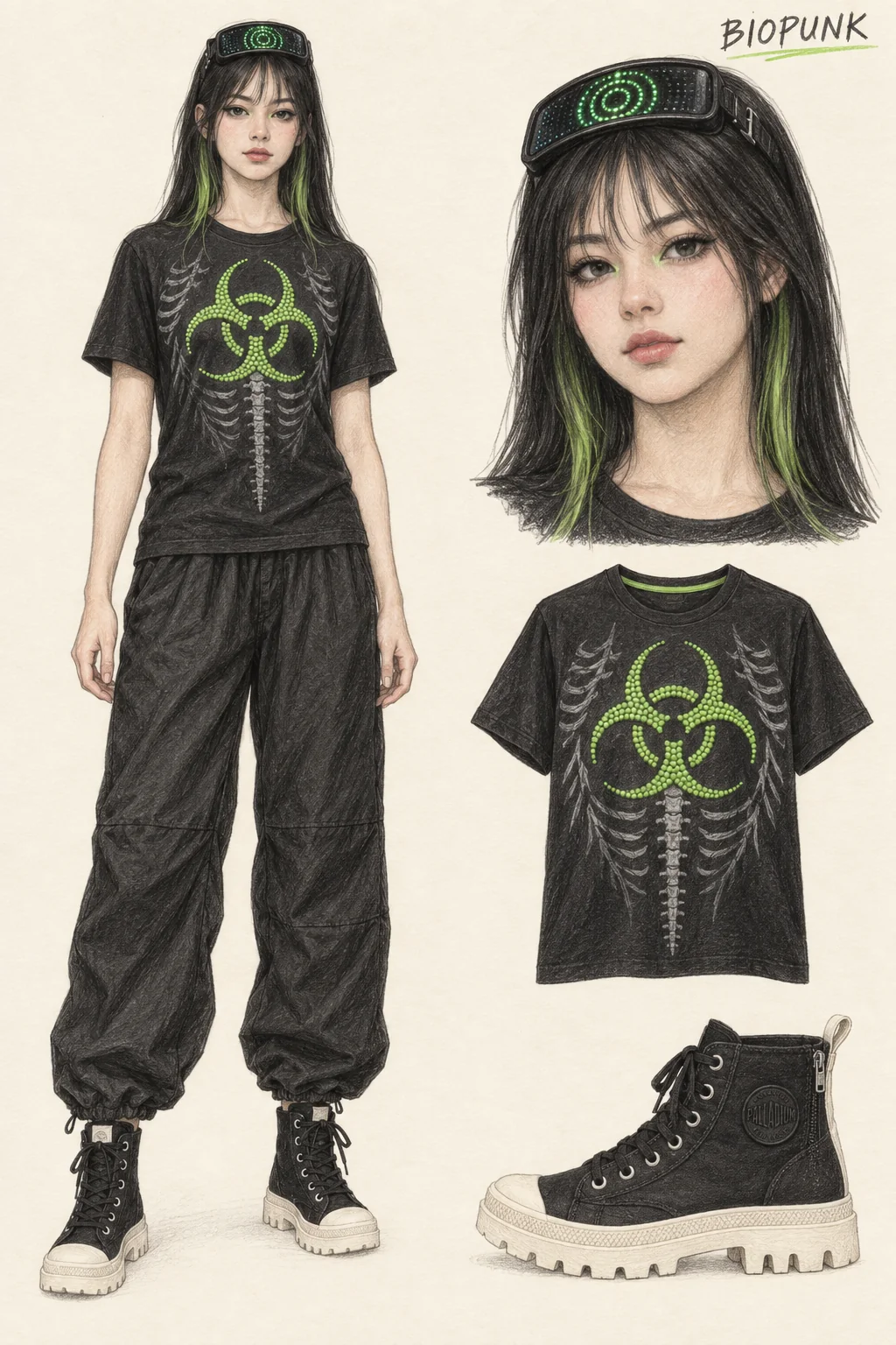 Youthful Biopunk pencil fashion sketch: acid-green biohazard, black nylon and futuristic eyewear.